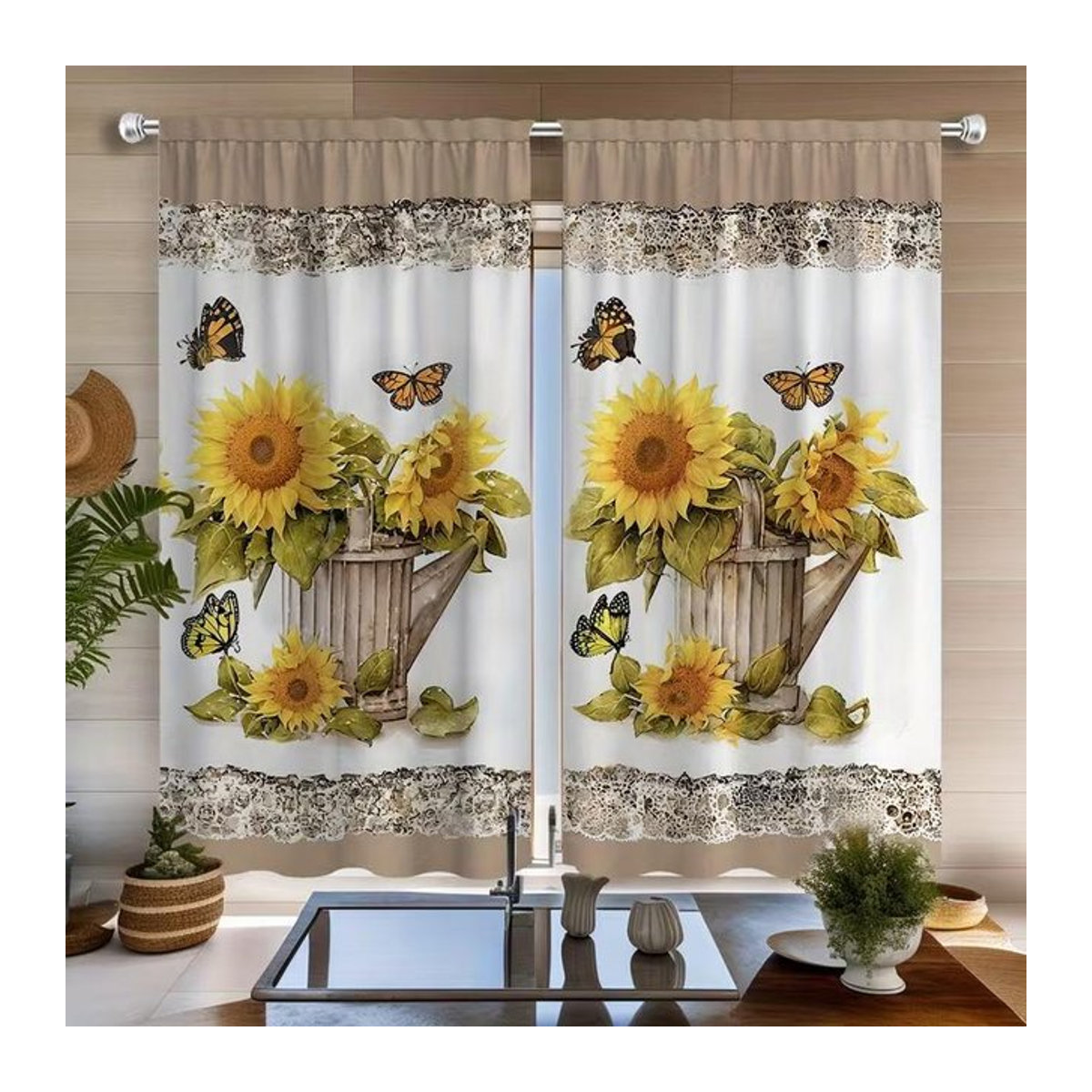 Set aus 2 dekorativen Vorhängen mit Sonnenblumen-Print in Multicolor, ideal für Wohnzimmer, Schlafzimmer oder Küche, Breite: 100 cm, Höhe: 70 cm - Bild 1