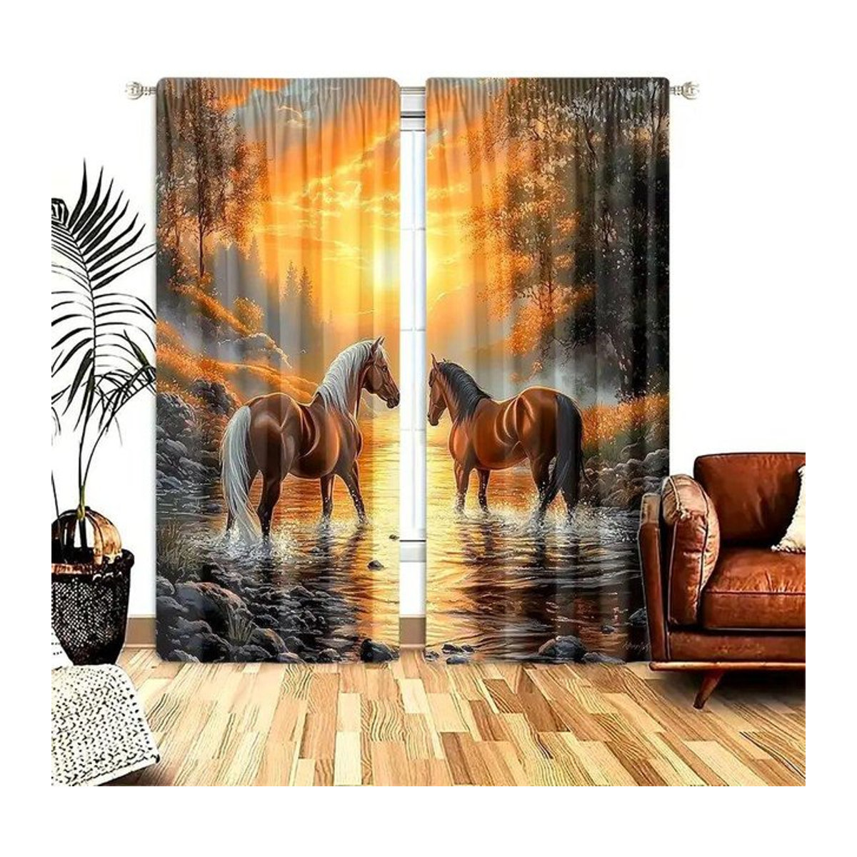 Set aus 2 dekorativen Vorhängen mit Sonnenuntergang, Bach und Pferd Motiv aus Polyester, Breite: 100 cm, Höhe: 70 cm - Bild 1