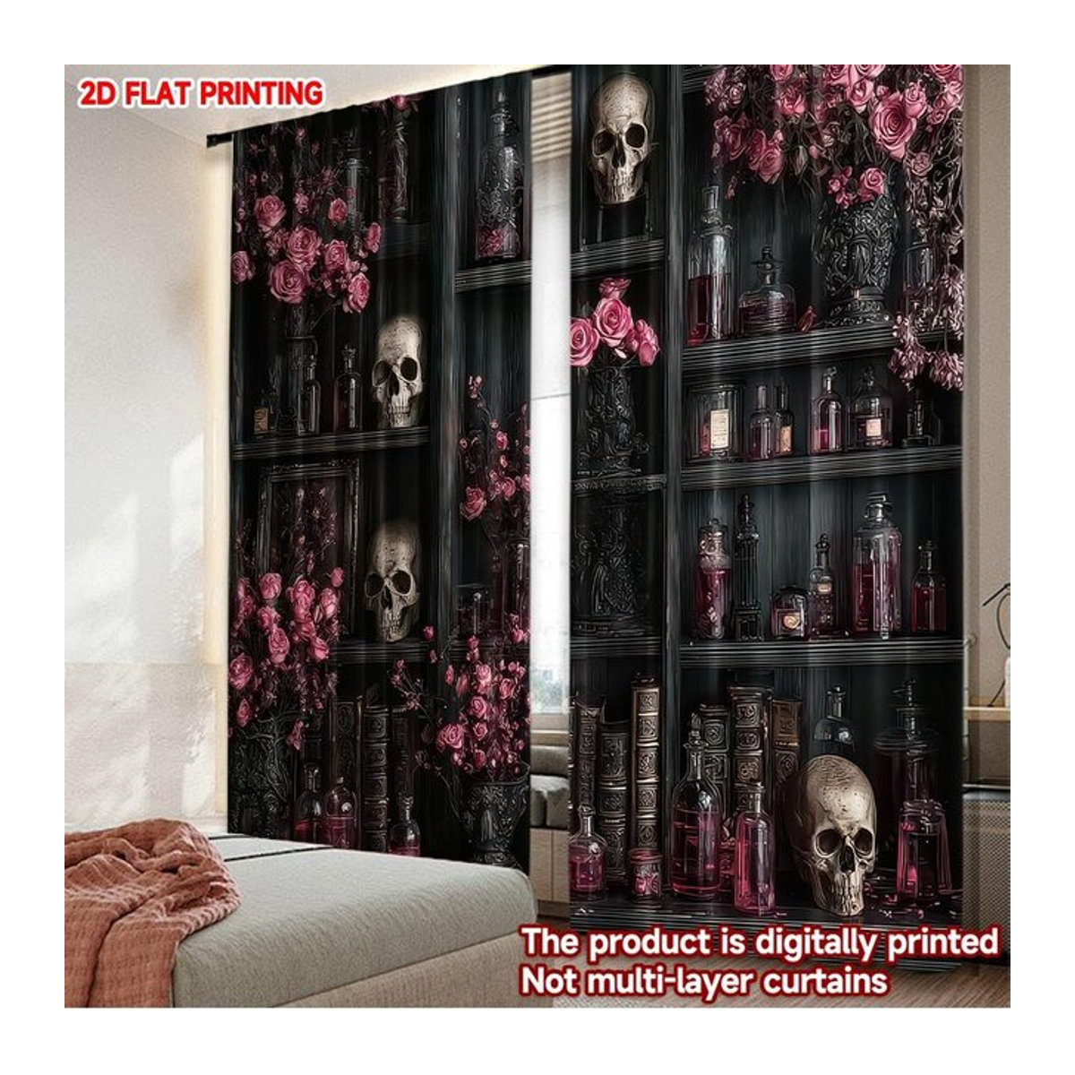 Set aus 2 digital bedruckten Polyester-Vorhängen mit Totenkopf- und Rosenmuster für Halloween und Weihnachten, Breite: 100 cm, Höhe: 70 cm - Bild 1