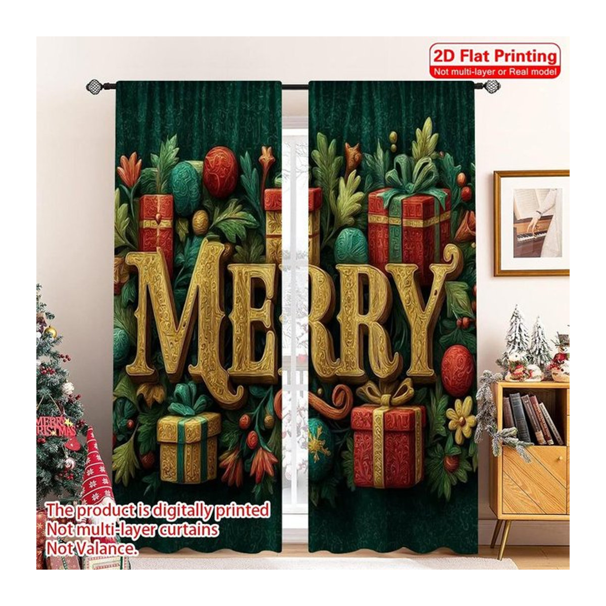 Set aus 2 Fenstervorhängen mit Frohe Weihnachten Motiv in Multicolor, Material Polyester, Breite: 100 cm, Höhe: 70 cm - Bild 1