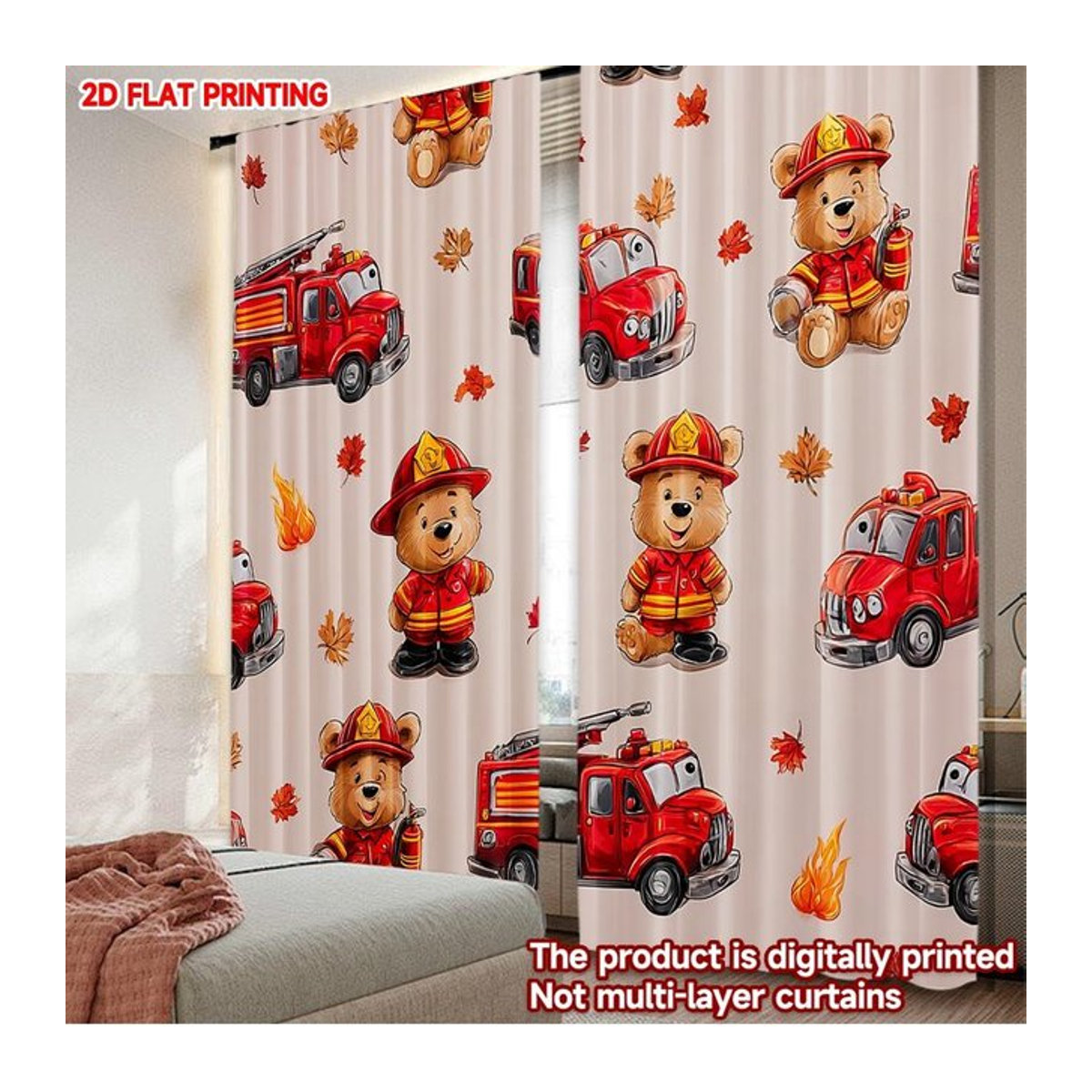 Set aus 2 flachen Party-Fenstervorhängen mit Bär-Feuerwehrmann-Motiv aus Polyester, Breite: 100 cm, Höhe: 70 cm - Bild 1