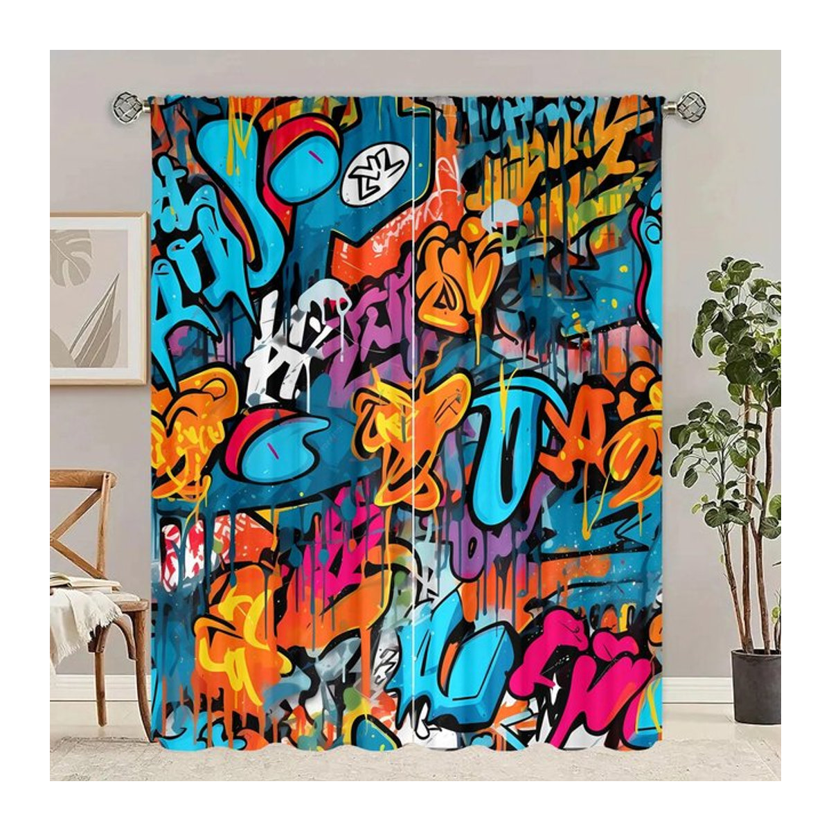 Set aus 2 Graffiti-Kunst-Druck Vorhängen in Multicolor für Wohnzimmer und Schlafzimmer mit Stangentasche, Breite: 100 cm, Höhe: 70 cm - Bild 1