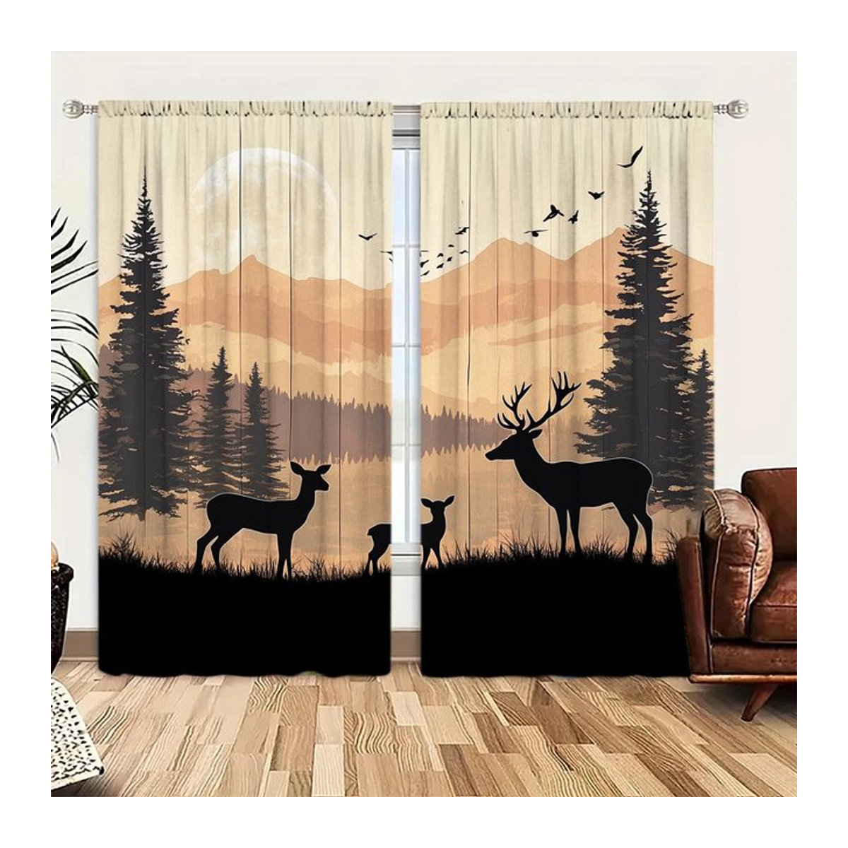 Set aus 2 halbtransparenten Vorhängen mit nordischem Elch-Wald-Silhouette-Design aus Polyester als Sonnenschutz und Sichtschutz, Breite: 100 cm, Höhe: 70 cm - Bild 1
