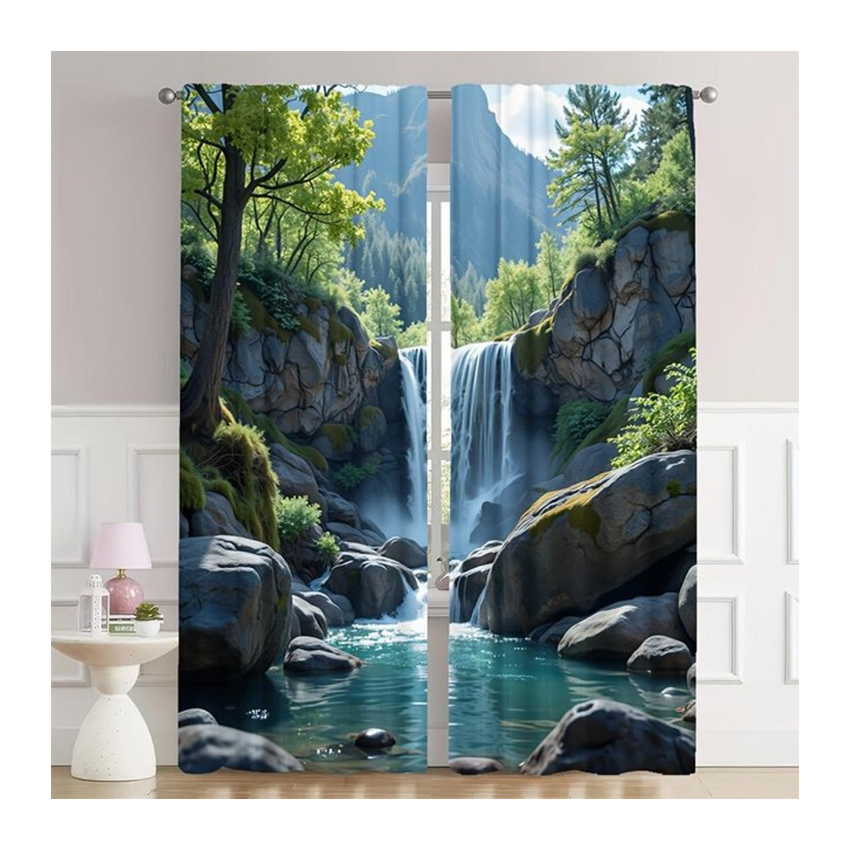 Set aus 2 halbtransparenten Vorhängen mit Wasserfall-Landschaftsdruck von Tonnika Chen in Multicolor, Breite: 100 cm, Höhe: 70 cm - Bild 1