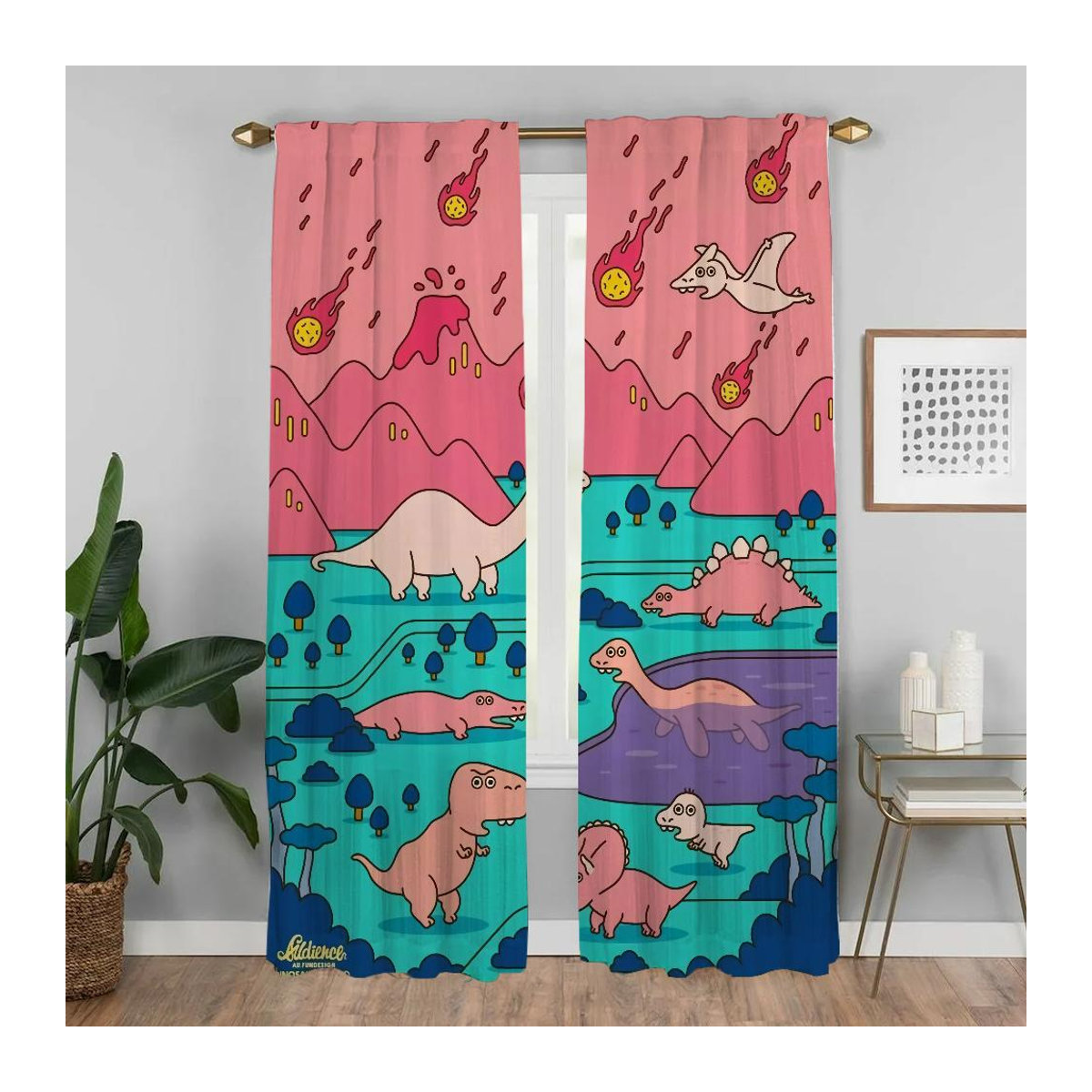 Set aus 2 Halloween Dinosaurier Verdunkelungsvorhängen aus Polyester für Wohnzimmer und Innenräume, B: 100 cm, H: 130 cm - Bild 1