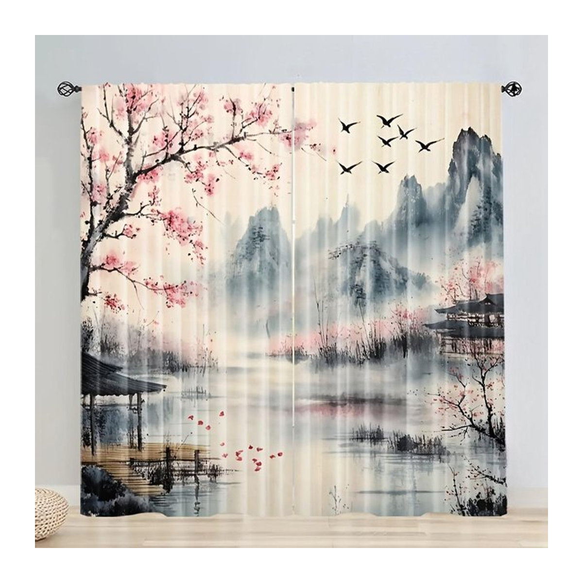 Set aus 2 lichtfilternden Vorhängen mit asiatischem Kirschblütenberg und Pagoden-Motiv für Wohnzimmer oder Schlafzimmer, H 70 cm x B 100 cm - Bild 1