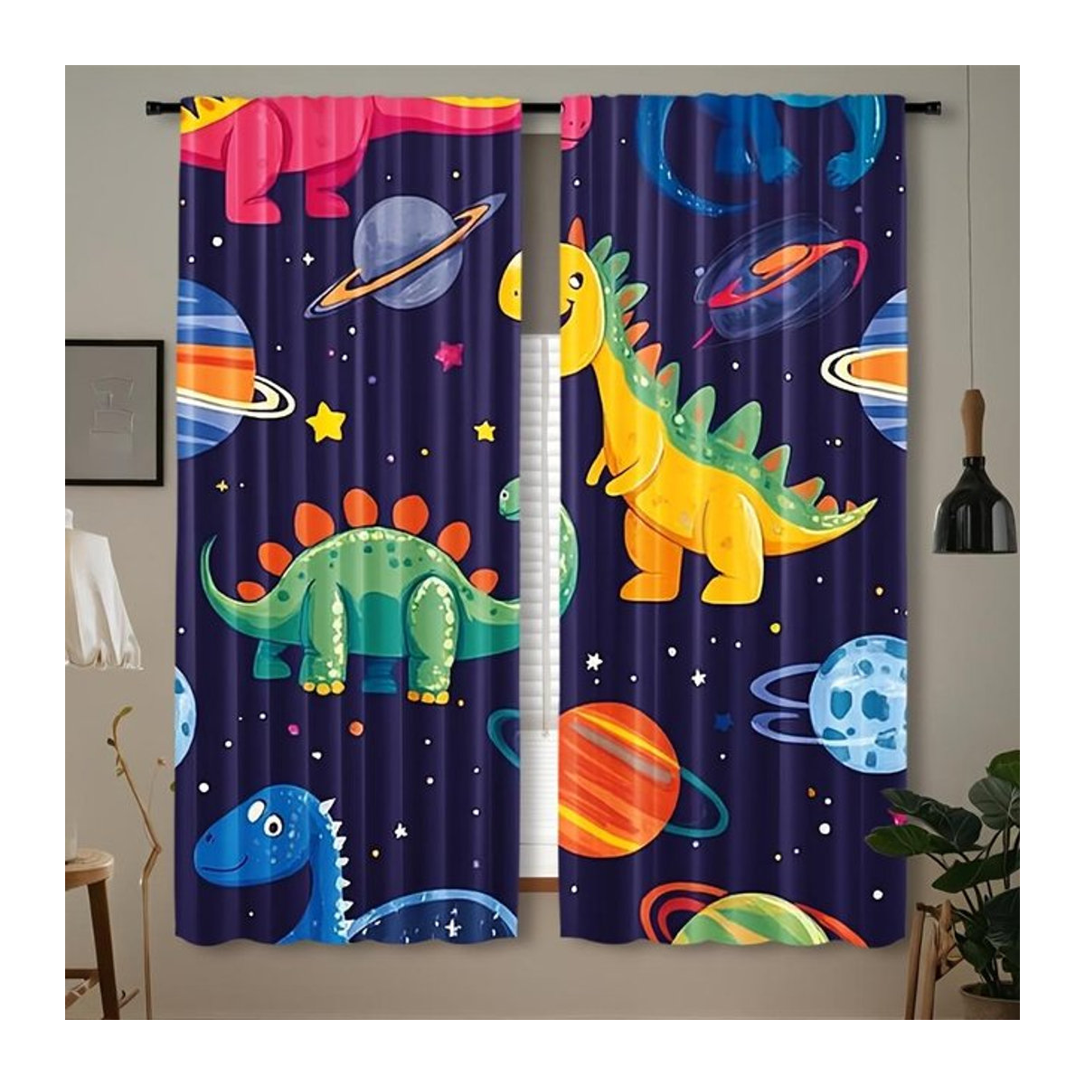Set aus 2 lichtfilternden Vorhängen mit Weltraum-Dinosaurier-Print von Tonnika Chen, Multicolor, Breite: 100 cm, Höhe: 70 cm - Bild 1
