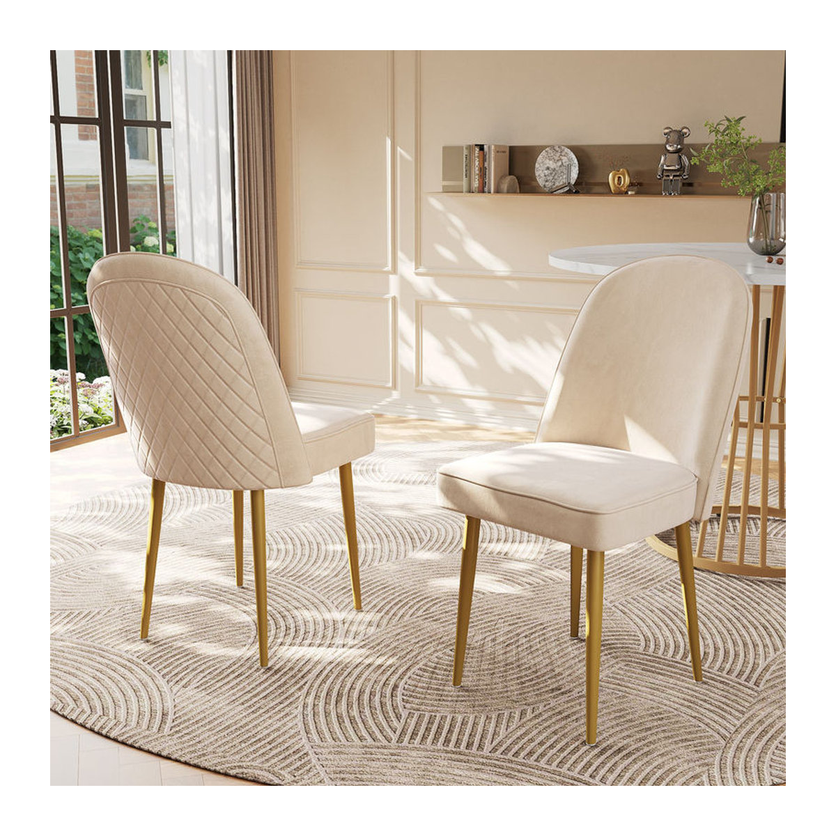 Set aus 2 modernen Samt-Esszimmerstühlen von FC in Beige mit goldenen Metallbeinen, H x B x T: 89 x 50 x 62 cm - Bild 2