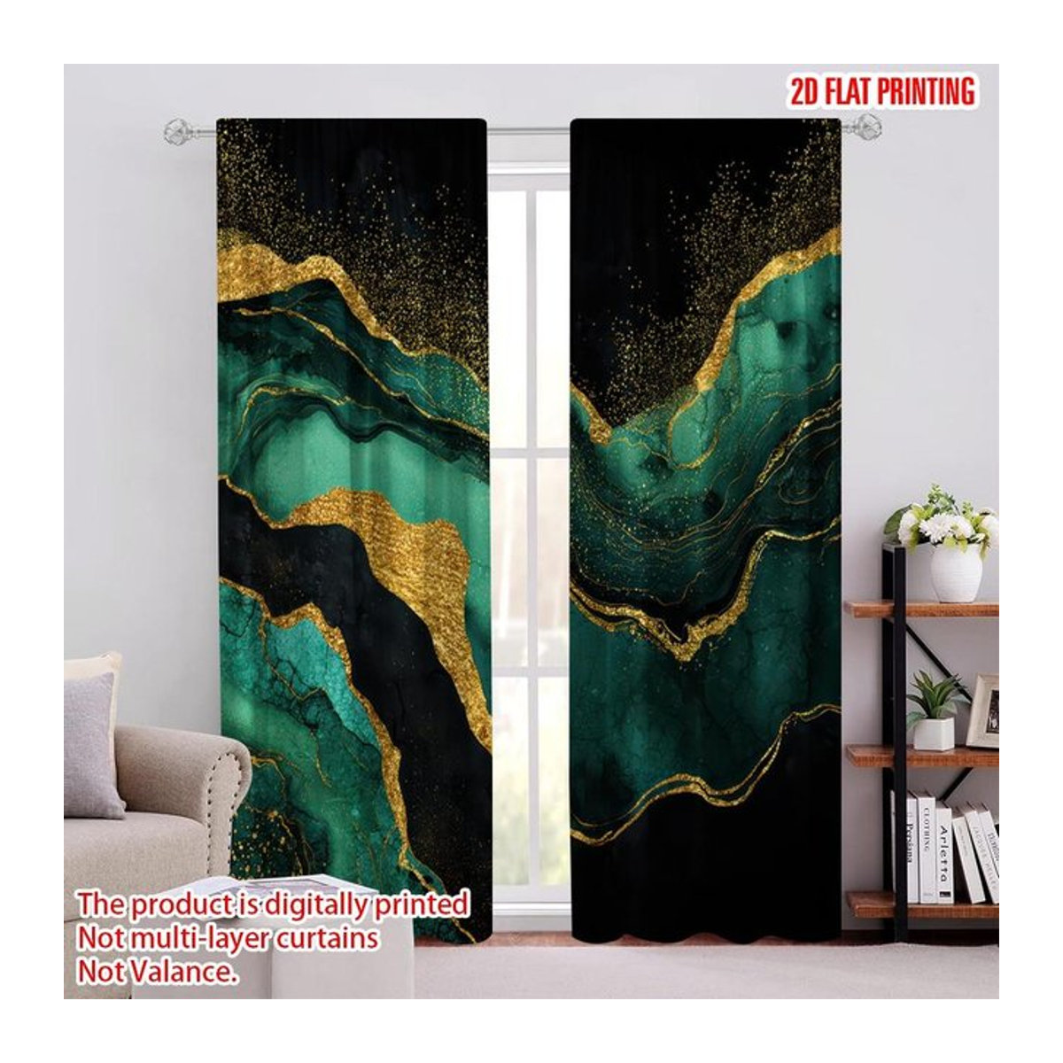 Set aus 2 Partyvorhängen von Tonnika Chen in Smaragd und Gold mit Marmorstruktur aus Polyester, B: 100 cm, H: 70 cm - Bild 1