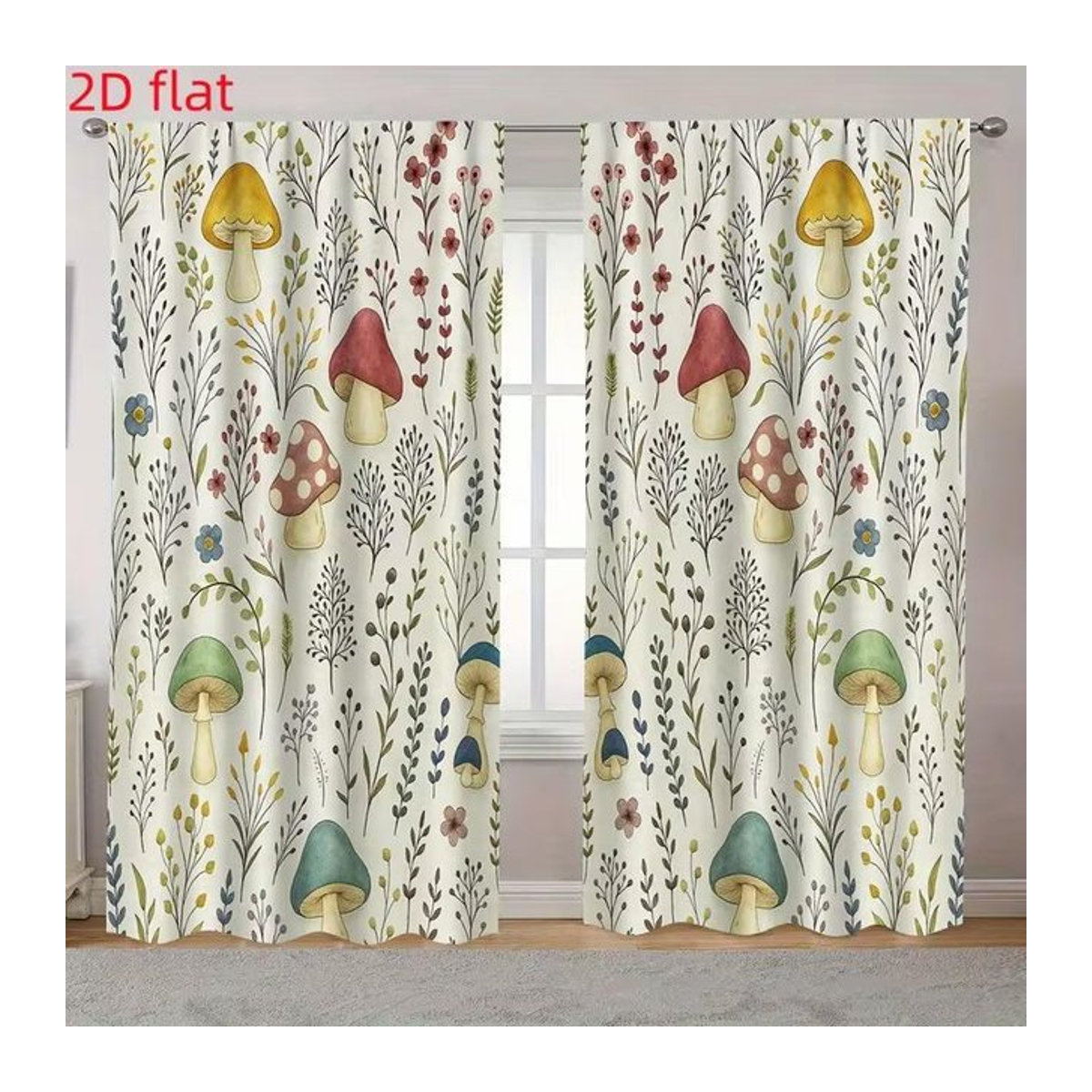 Set aus 2 Pilz-Vorhängen mit Grasdruck von Tonnika Chen für Wohnzimmer, Schlafzimmer und Küche, Material Polyester, B: 100 cm, H: 70 cm - Bild 1