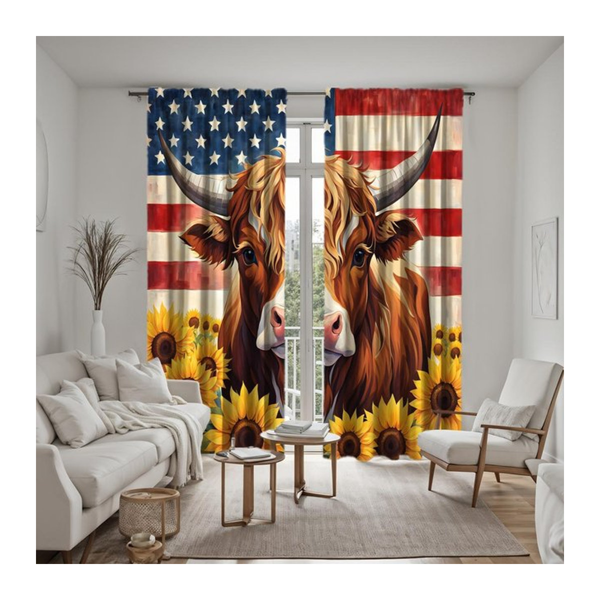 Set aus 2 Polyester-Vorhängen mit Amerikanischer Flagge, Sonnenblumen und Hochlandrind Design in Gelb, Breite: 100 cm, Höhe: 70 cm - Bild 1