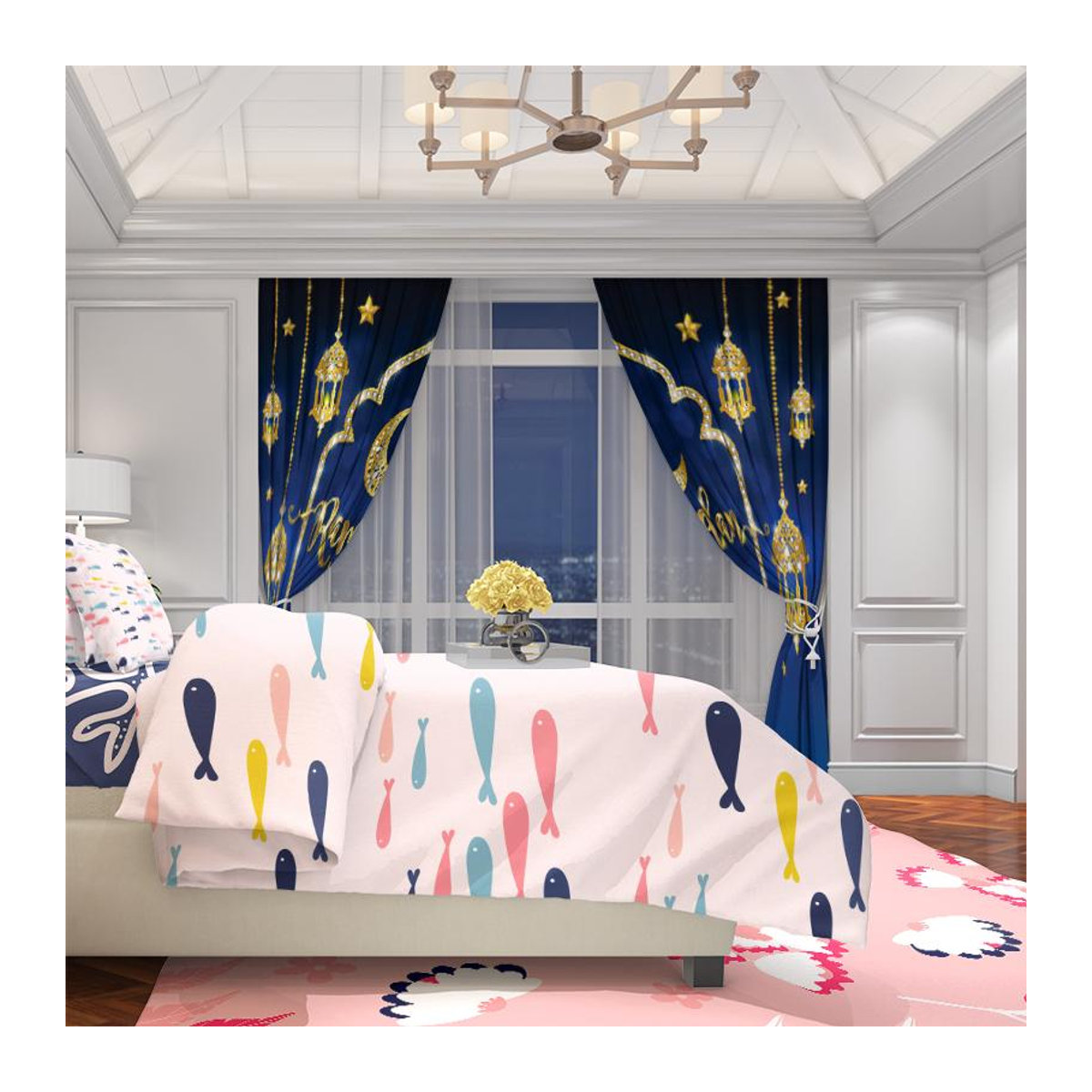 Set aus 2 Ramadan Vorhängen mit Glücksmond- und Segen-Print aus transparentem Polyester, B: 100 cm, H: 70 cm - Bild 1