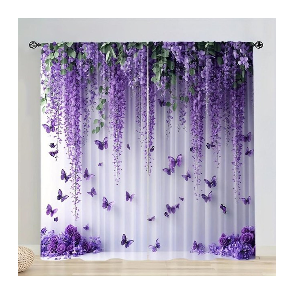 Set aus 2 transparenten Frühlingsblumen-Schmetterlingsvorhängen aus Polyester für Schlafzimmer, Wohnzimmer und Esszimmer, Breite: 100 cm, Höhe: 70 cm - Bild 1
