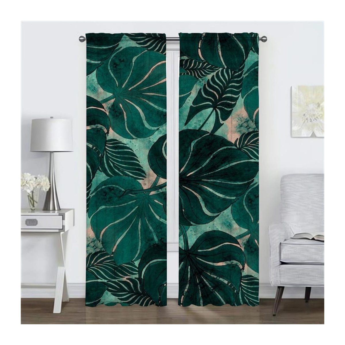 Set aus 2 transparenten Tüll-Küchenvorhängen mit Blätter- und Blumenmuster für Wohnzimmer und Schlafzimmer, Polyester, Breite: 100 cm, Höhe: 130 cm - Bild 1
