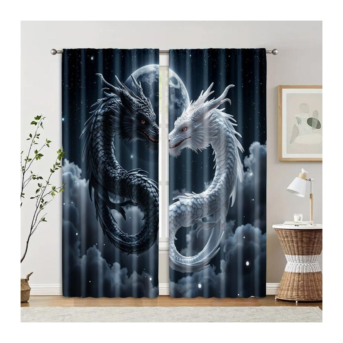 Set aus 2 transparenten Voile-Filtervorhängen mit Doppeldrache-Motiv aus Polyester, Farbe: Multicolor, B: 100 cm, H: 70 cm - Bild 1