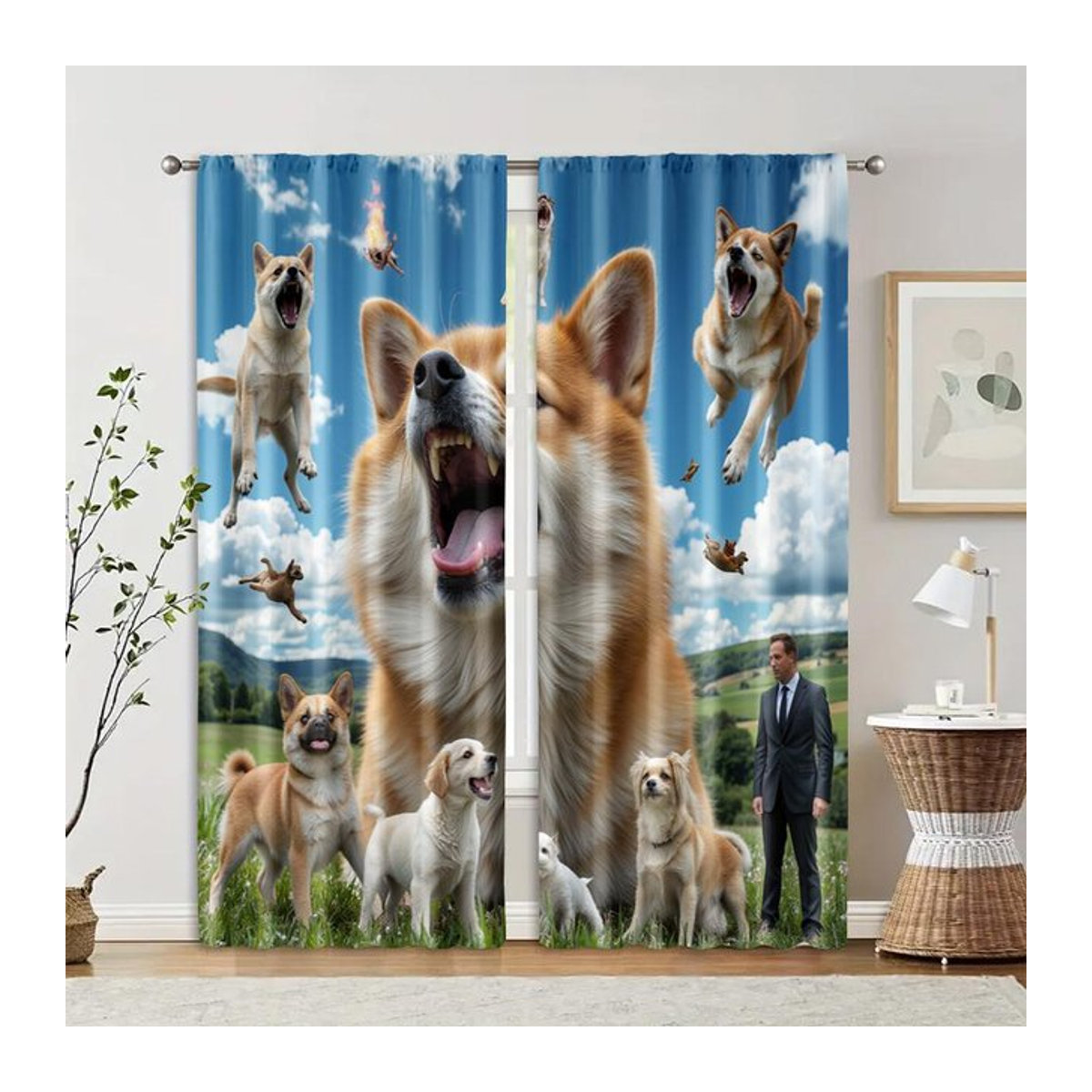 Set aus 2 transparenten Voile-Filtervorhängen mit Shiba Inu Motiv aus Polyester, Breite: 100 cm, Höhe: 70 cm - Bild 1