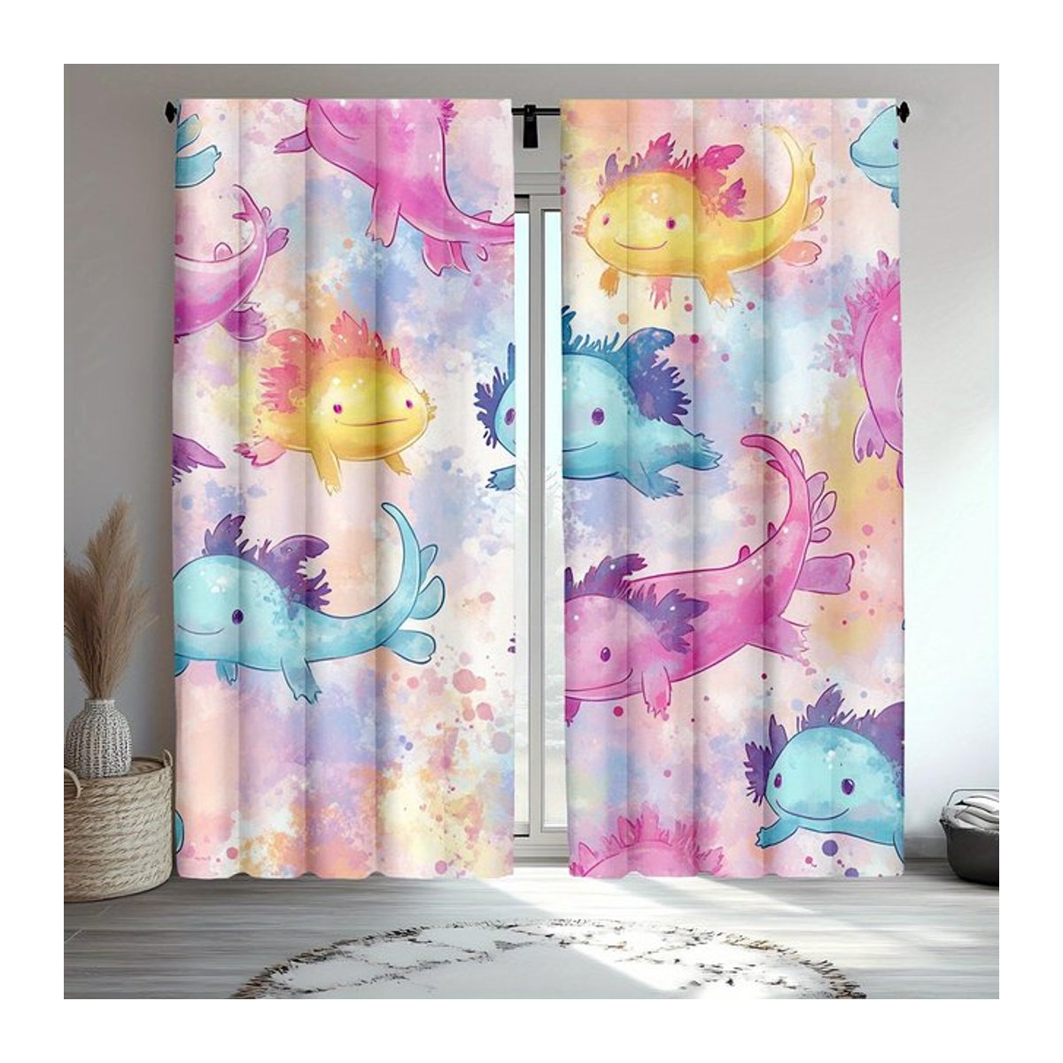 Set aus 2 verdunkelnden Kawaii Axolotl Vorhängen mit buntem Tie Dye Salamander Design von Tonnika Chen, Farbe: Multicolor, Breite: 100 cm, Höhe: 70 cm - Bild 1