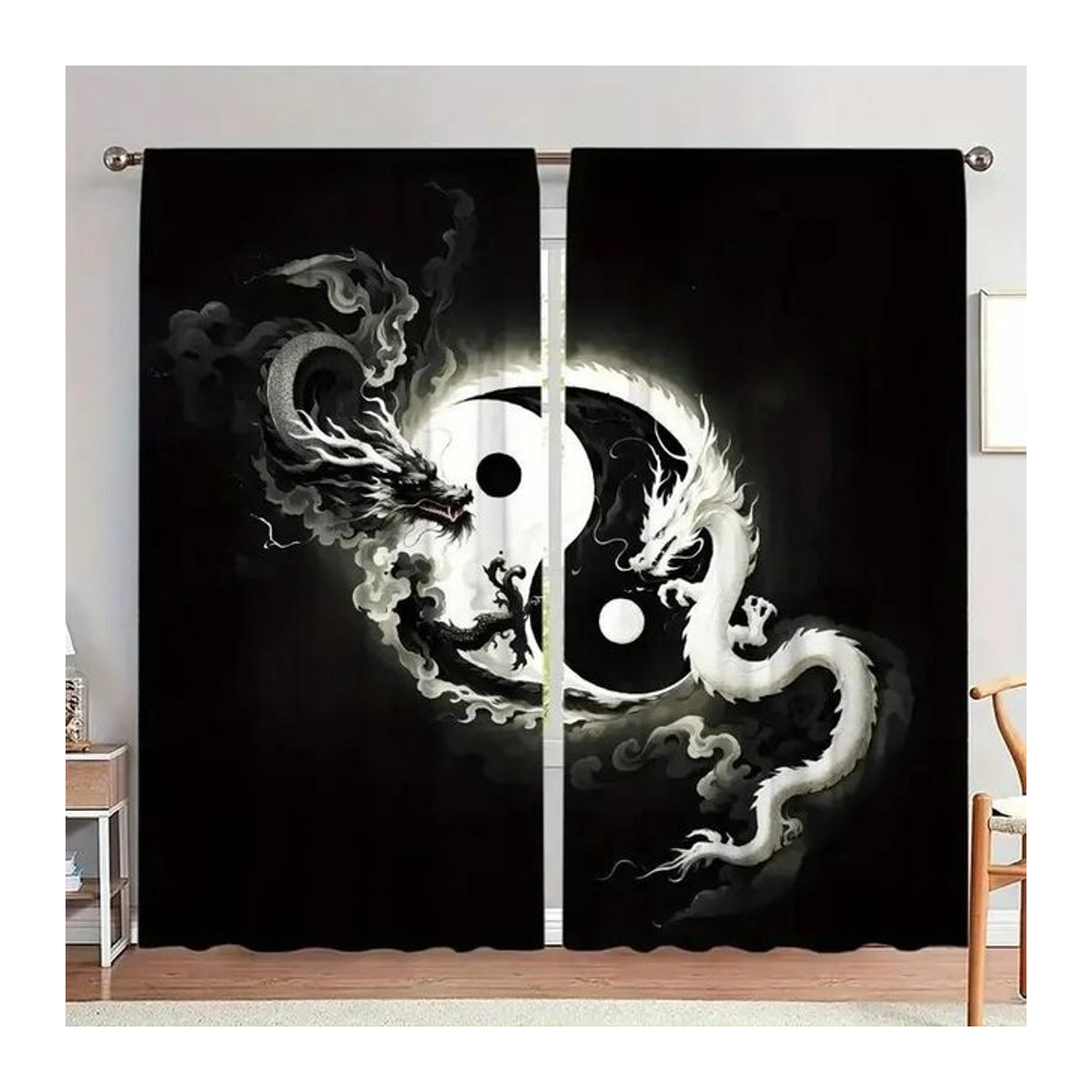 Set aus 2 verdunkelnden Vorhängen mit Drachen Yin Yang Print in Schwarz und Weiß, Breite: 100 cm, Höhe: 70 cm - Bild 1