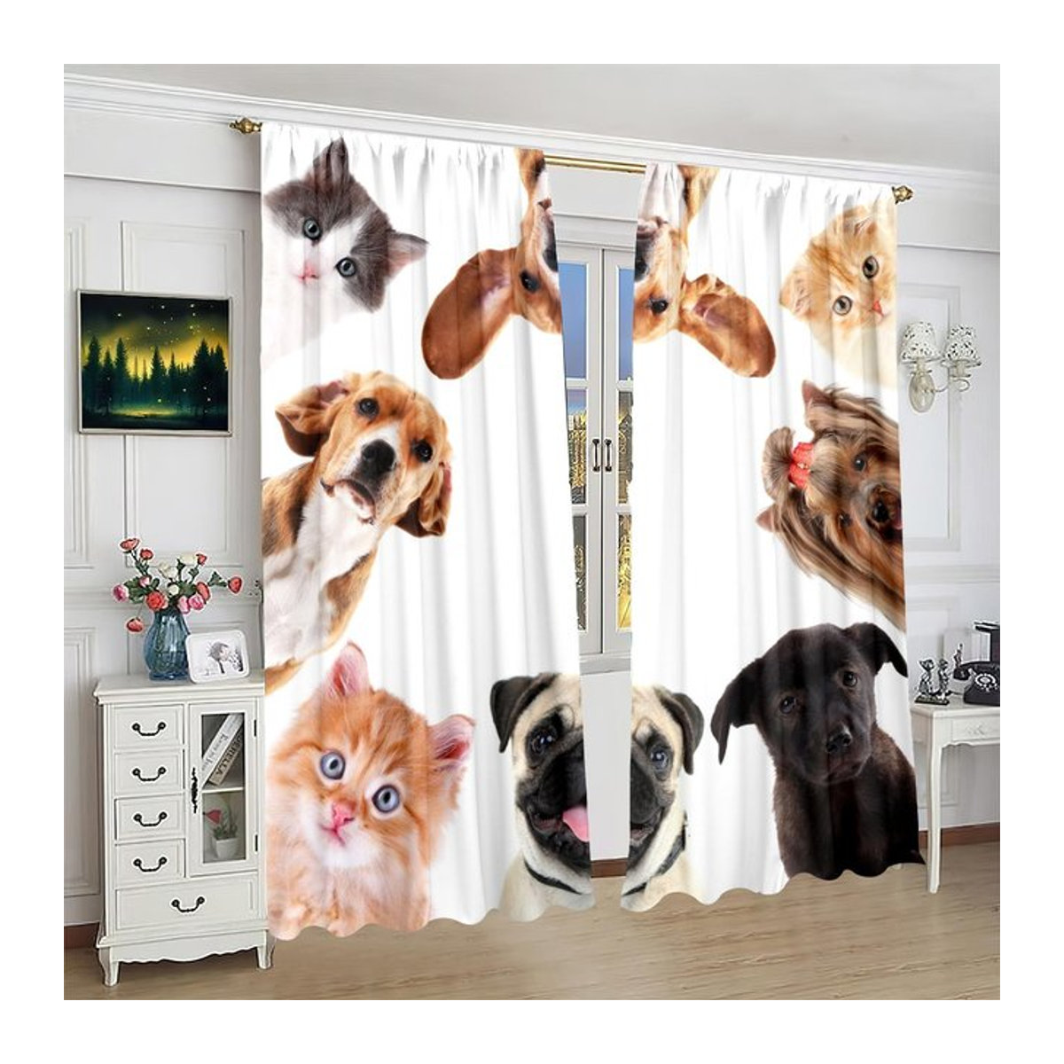 Set aus 2 verspielten Haustier-Vorhängen mit Pfoten- und Schnurrhaar-Motiv in Multicolor aus Polyester, Breite: 100 cm, Höhe: 70 cm - Bild 1