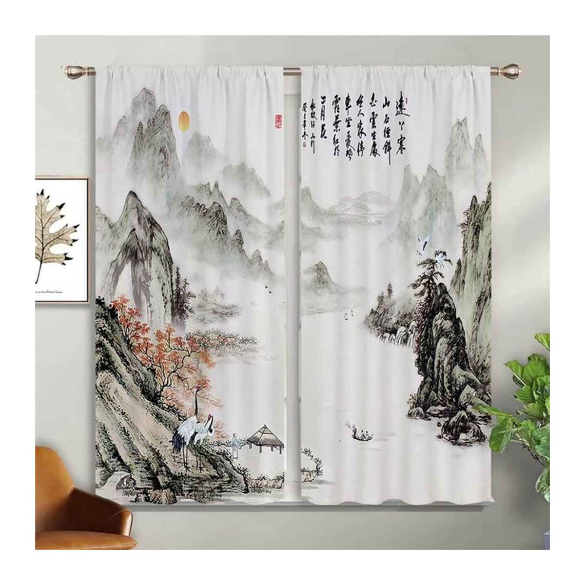 Set aus 2 Vorhängen im chinesischen Stil mit Kirschblüten- und Landschaftsdruck aus Polyester, Breite: 100 cm, Höhe: 160 cm - Bild 1