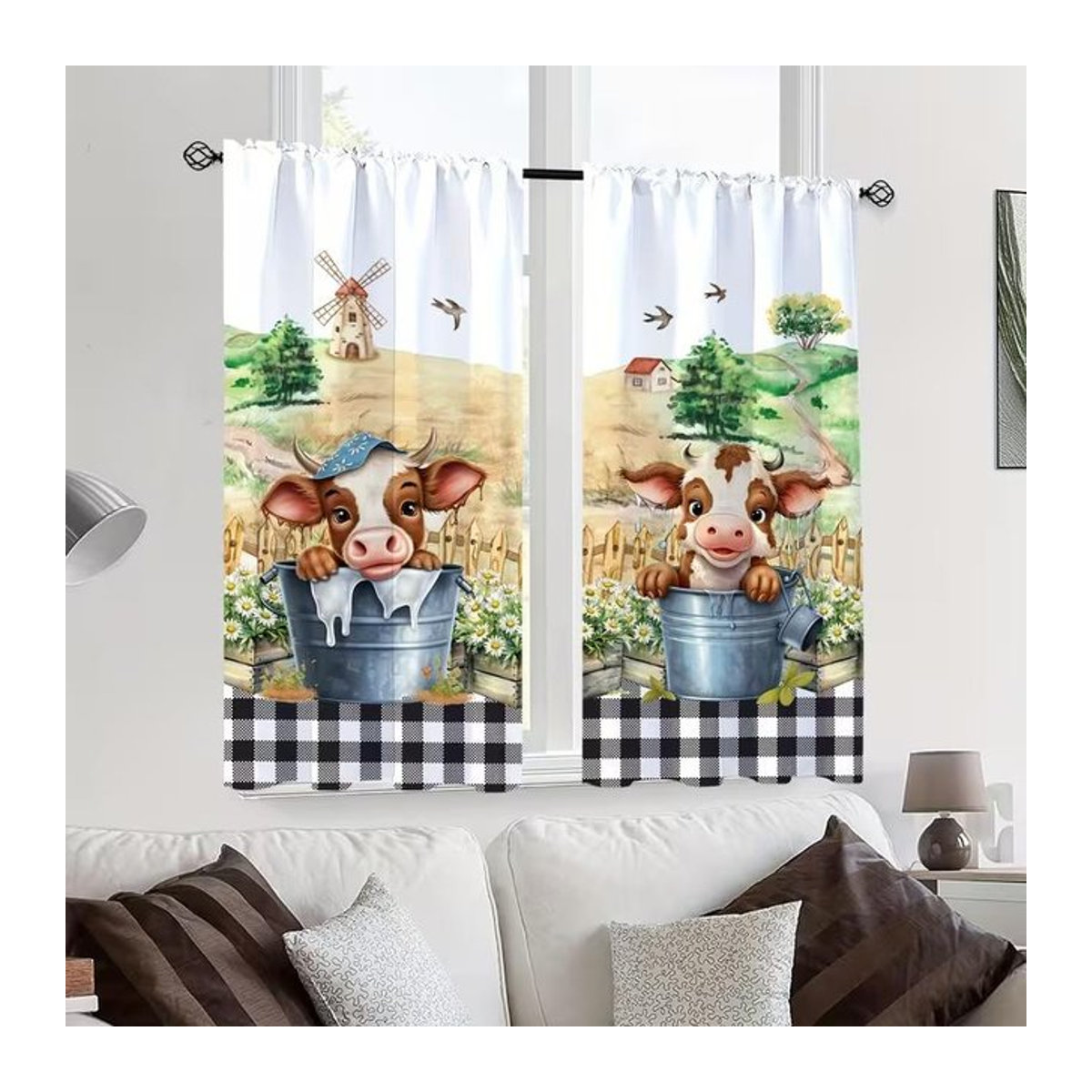 Set aus 2 Vorhängen mit Cartoon Bauernhof Kalb Druck für Schlafzimmer, Wohnzimmer und Küche aus Polyester, Breite: 100 cm, Höhe: 70 cm - Bild 1
