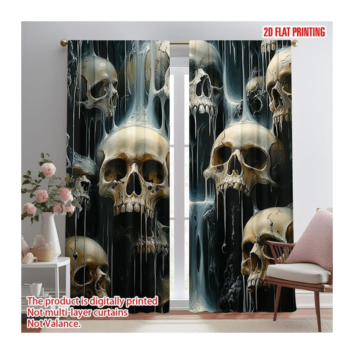 Set aus 2 Vorhängen mit Flugzeug- und Totenkopf-Print aus Polyester, Fensterdekoration für Wohnzimmer, Küche oder Arbeitszimmer, Breite: 100 cm, Höhe: 70 cm - Bild 1