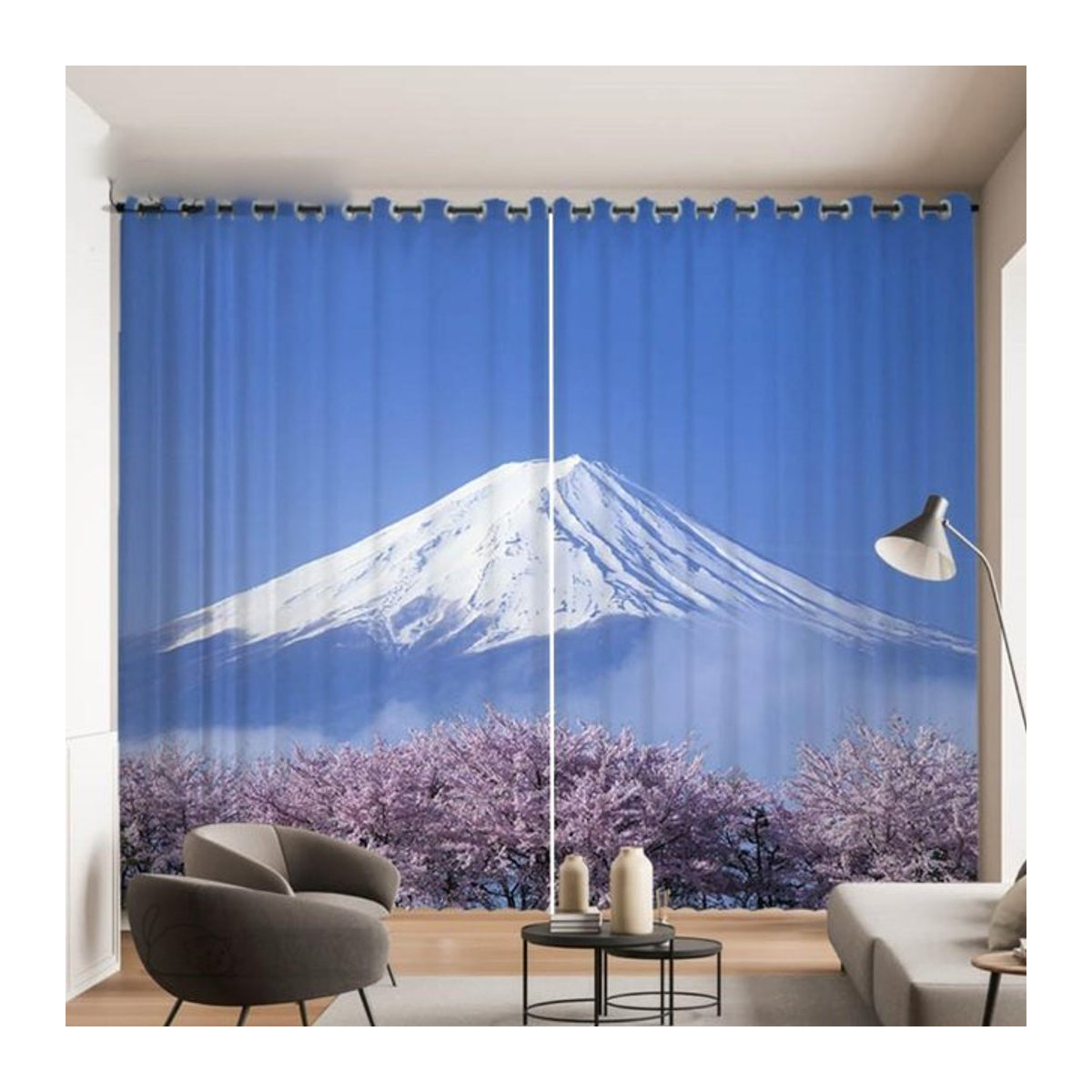 Set aus 2 Vorhängen mit Kirschblütenmuster und Fuji-Landschaft von Tonnika Chen, Multicolor, B: 100 cm, H: 130 cm - Bild 1