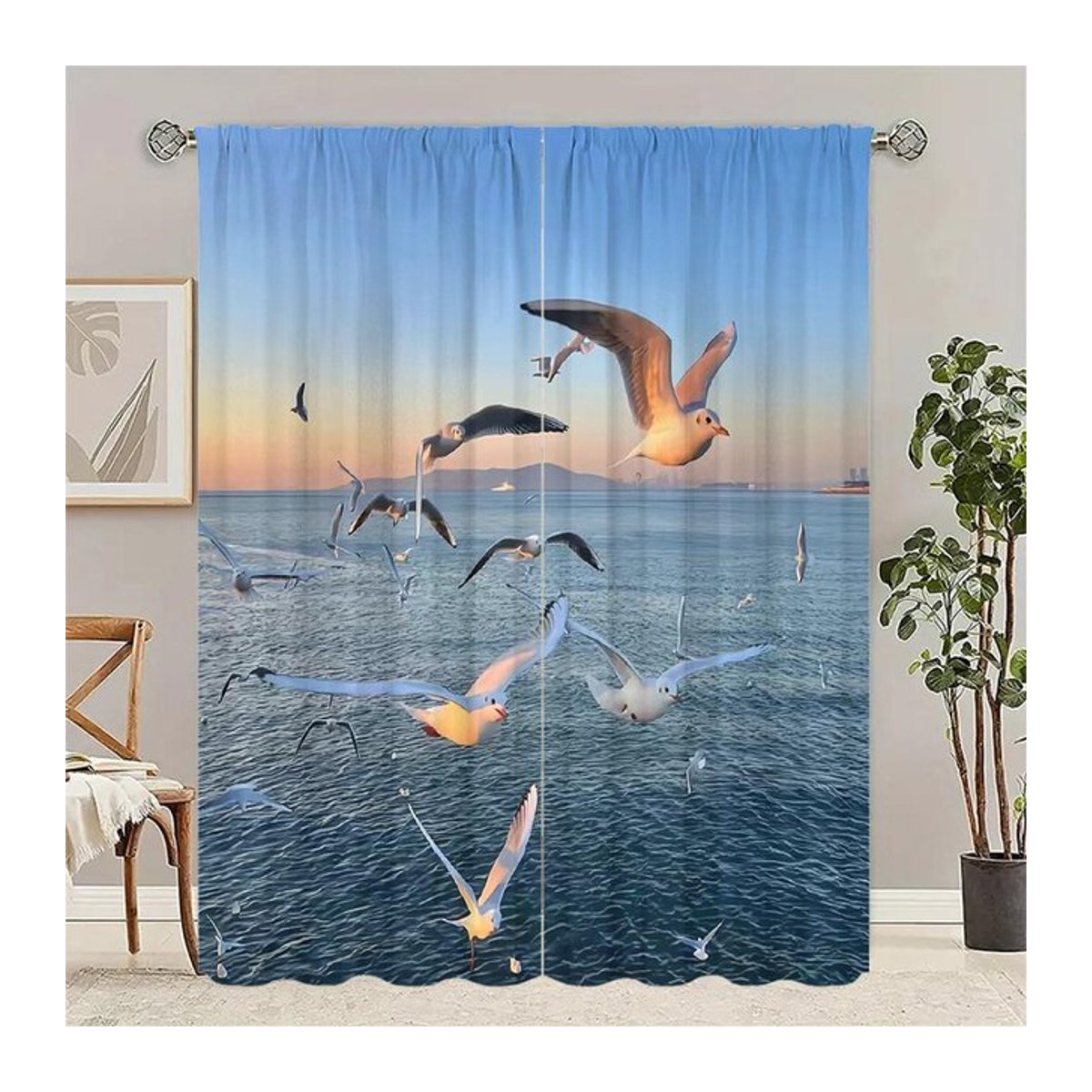 Set aus 2 Vorhängen mit Meeresmöwen-Print für Wohnzimmer, Schlafzimmer oder Küche, Material Polyester, B: 100 cm, H: 70 cm - Bild 1
