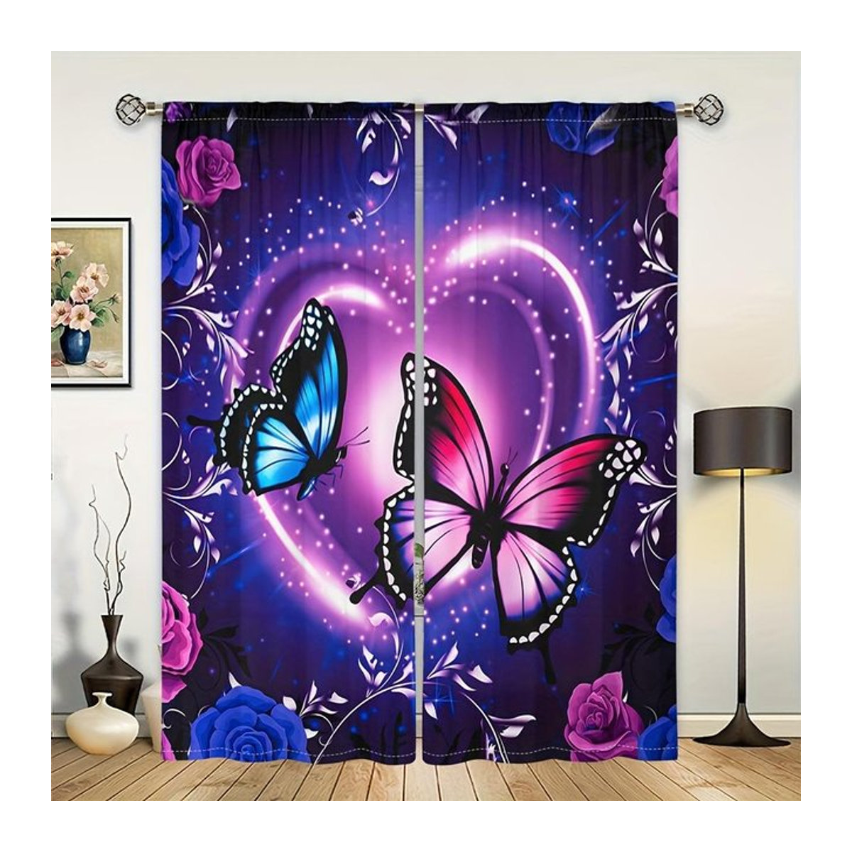 Set aus 2 Vorhängen mit Schmetterlings- und Herz-Design von Tonnika Chen in Multicolor, Material Polyester, Breite: 100 cm, Höhe: 70 cm - Bild 1
