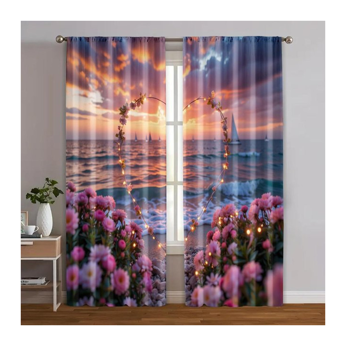 Set aus 2 Vorhängen mit Strandsonnenuntergang Motiv von Tonnika Chen, Multicolor, Polyester, B: 100 cm, H: 70 cm - Bild 1