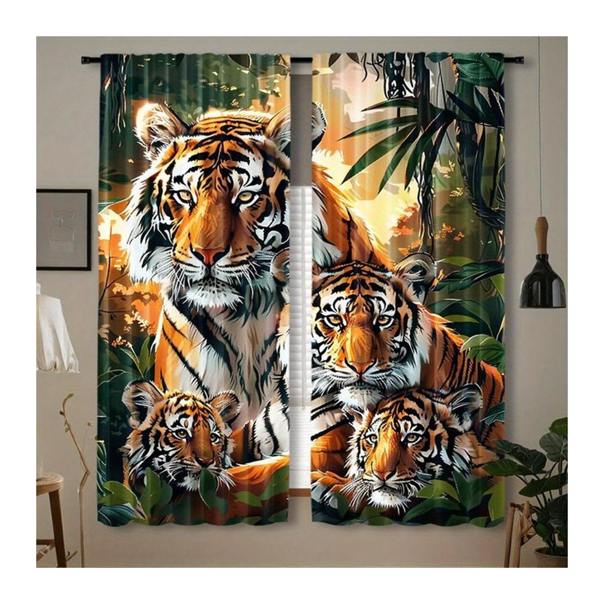 Set aus 2 Vorhängen mit Tigerprint aus Polyester für Wohnzimmer und Schlafzimmer, Breite: 100 cm, Höhe: 70 cm - Bild 1
