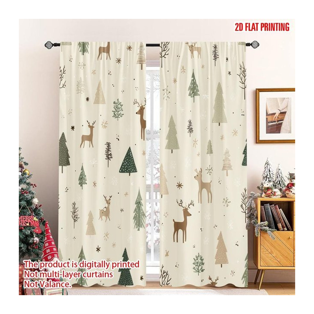 Set aus 2 weihnachtlichen Polyester-Vorhängen mit Hirsch- und Schneeflocken-Motiv, Breite: 100 cm, Höhe: 70 cm - Bild 1