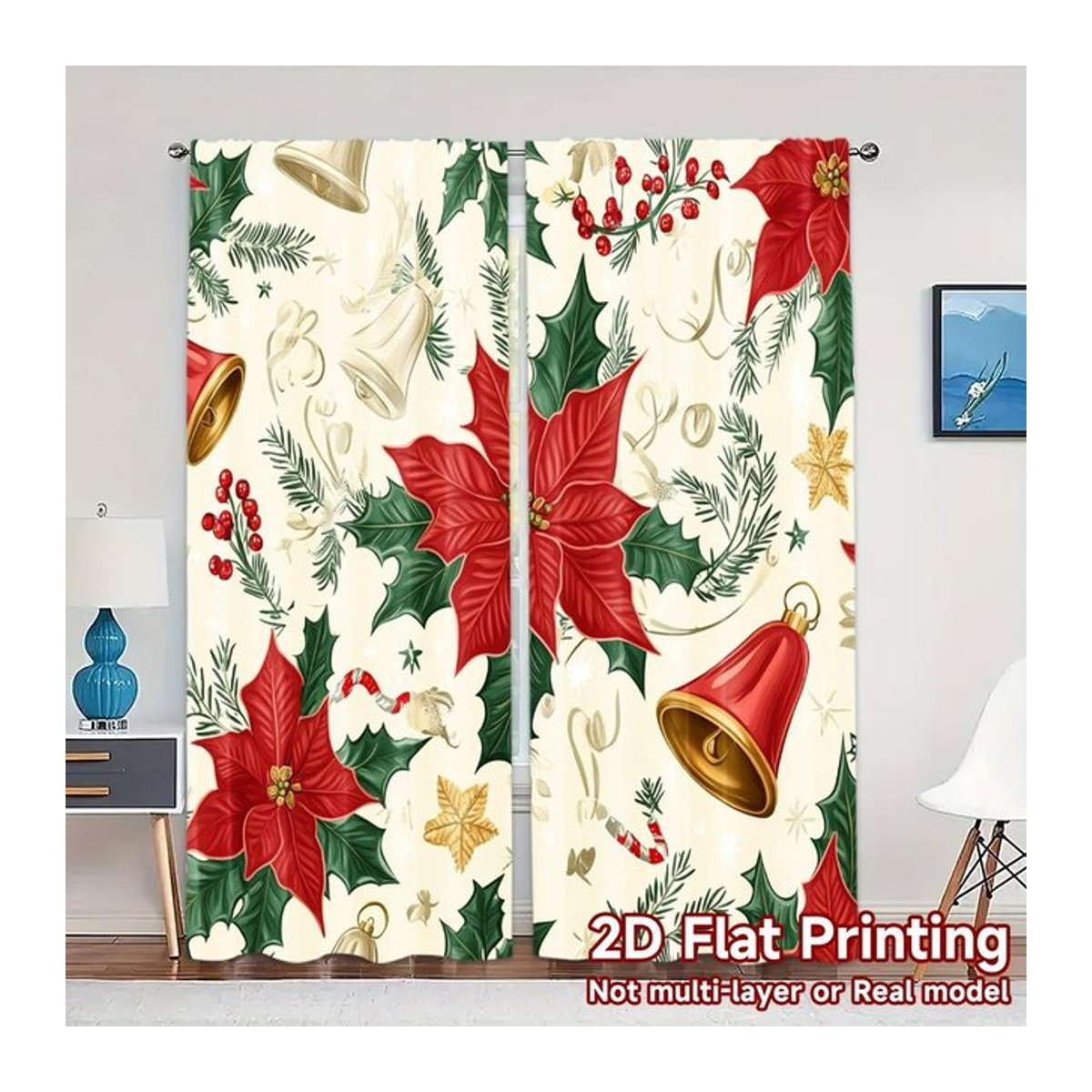 Set aus 2 Weihnachts-Vorhängen mit Weihnachtsglocken, Weihnachtssternen und Stechpalme aus Polyester, Breite: 100 cm, Höhe: 70 cm - Bild 1