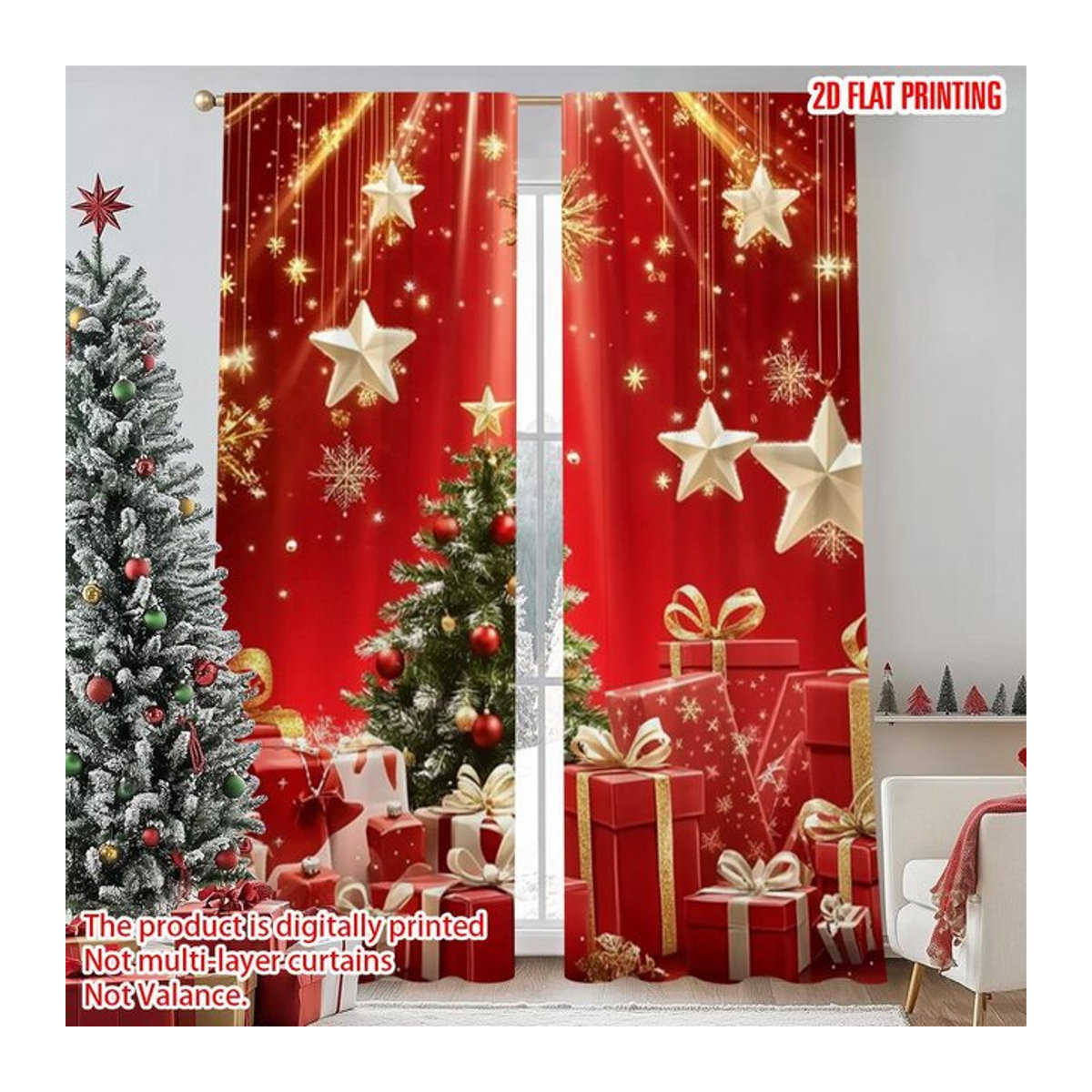 Set aus 2 Weihnachtsvorhängen mit Bäumen und Geschenken von Tonnika Chen in Gold, Polyester, B: 100 cm, H: 70 cm - Bild 1