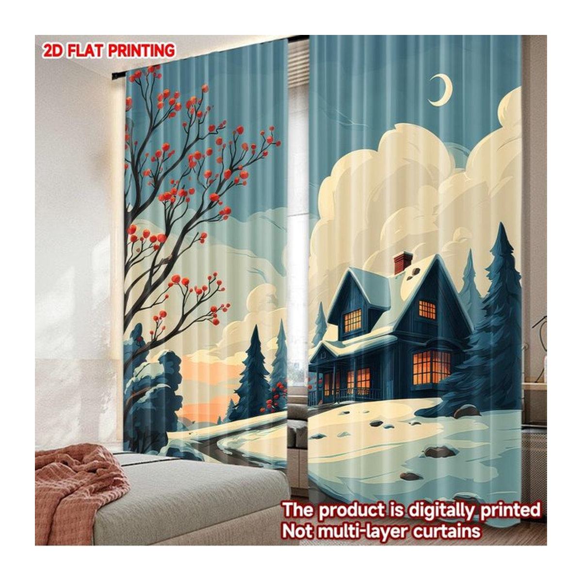Set aus 2 Weihnachtsvorhängen mit Schneemannhütte-Szene aus Polyester, Breite: 100 cm, Höhe: 70 cm - Bild 1