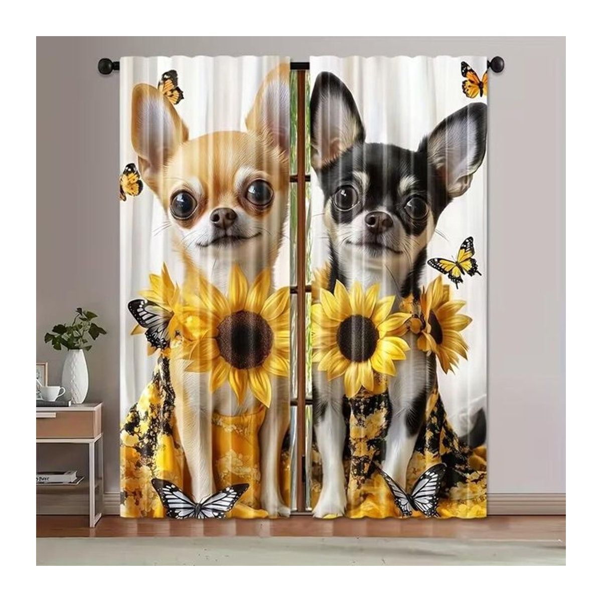 Set aus 2 Yorkshire-Terrier-Druckvorhängen aus Polyester für Wohnzimmer und Küche, Breite: 100 cm, Höhe: 70 cm - Bild 1