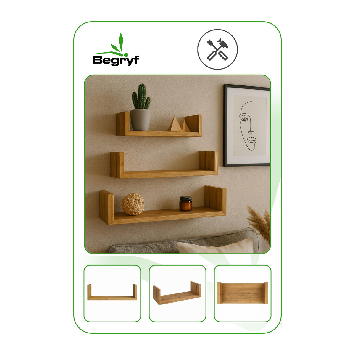 Set aus 3 Wandregalen in Dunkle Erle, modernes Design für Wohnzimmer und Schlafzimmer, B/T/H: 60 x 15 x 10 cm - Bild 6