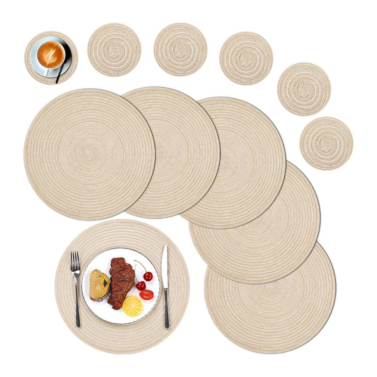 Set aus 6 runden, geflochtenen Tischsets mit passenden Untersetzern in Schwarz, hitzebeständig und waschbar - Bild 1