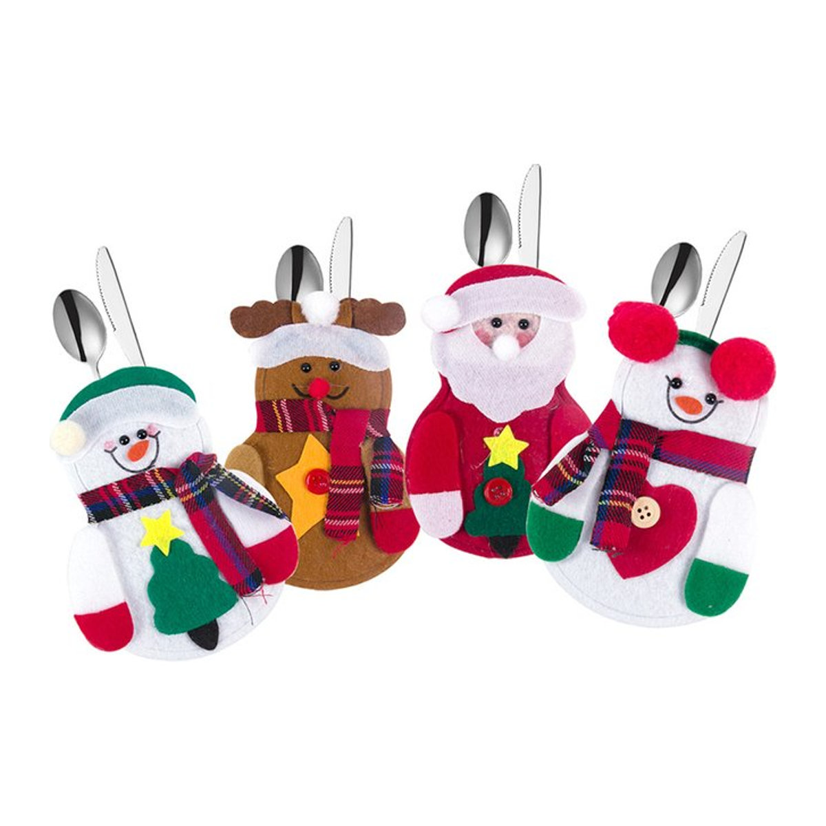 Set aus 8 oder 12 Bestecktaschen mit Weihnachtsdesign Santa Claus Elch und Schneemann für die Tischdekoration in Mehrfarbig - Bild 1