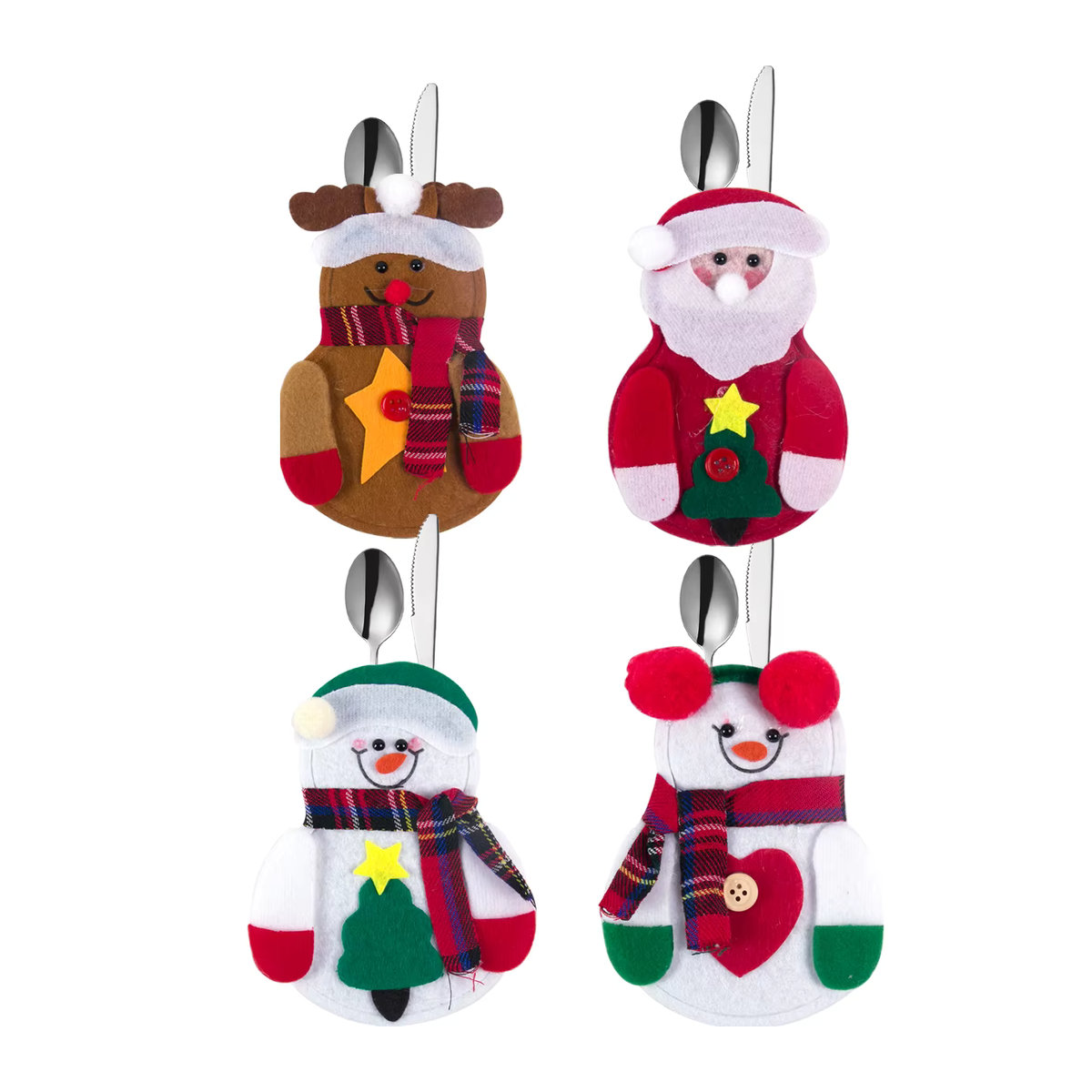 Set aus 8 oder 12 Bestecktaschen mit Weihnachtsdesign Santa Claus Elch und Schneemann für die Tischdekoration in Mehrfarbig - Bild 5