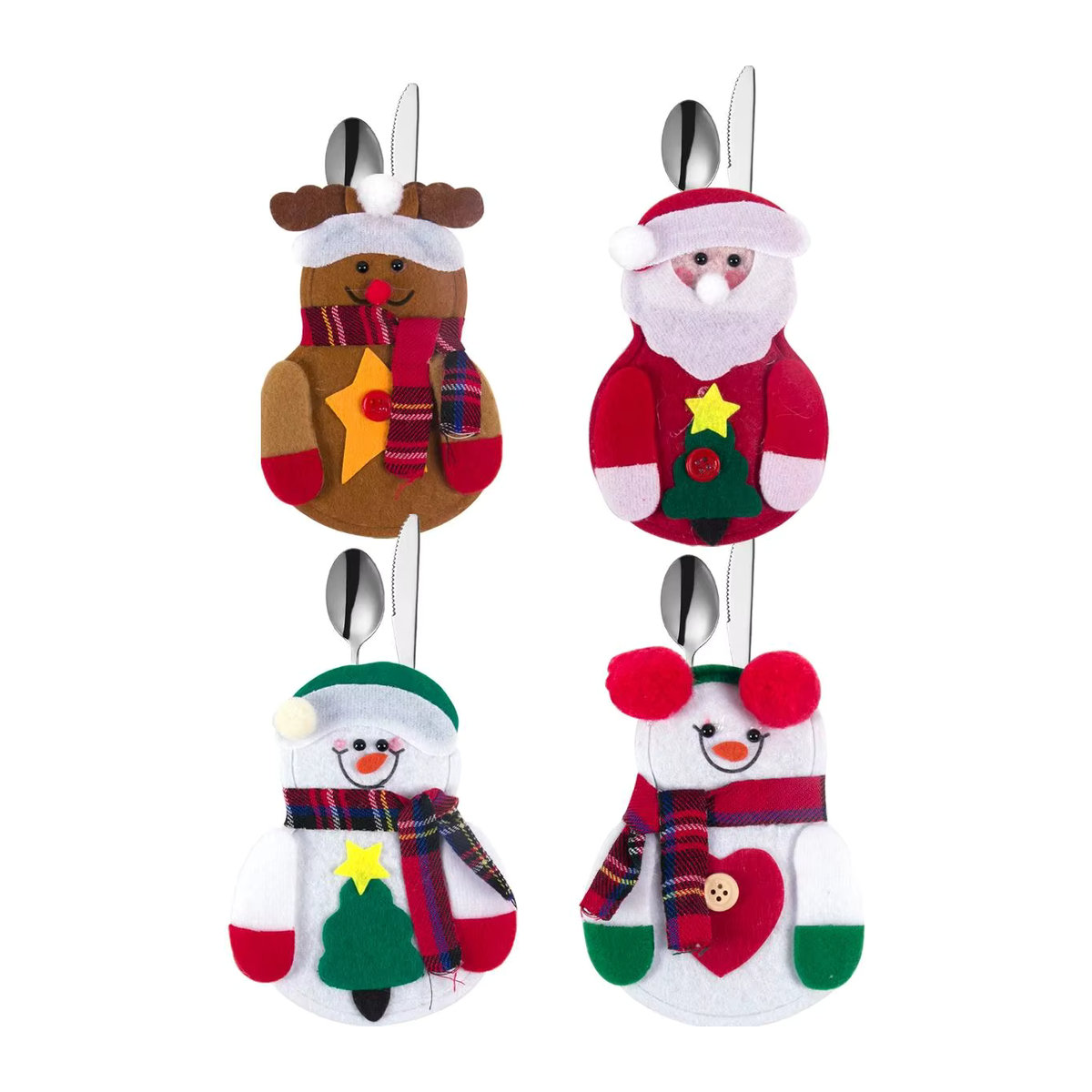 Set aus 8 oder 12 Bestecktaschen mit Weihnachtsdesign Santa Claus Elch und Schneemann für die Tischdekoration in Mehrfarbig - Bild 6