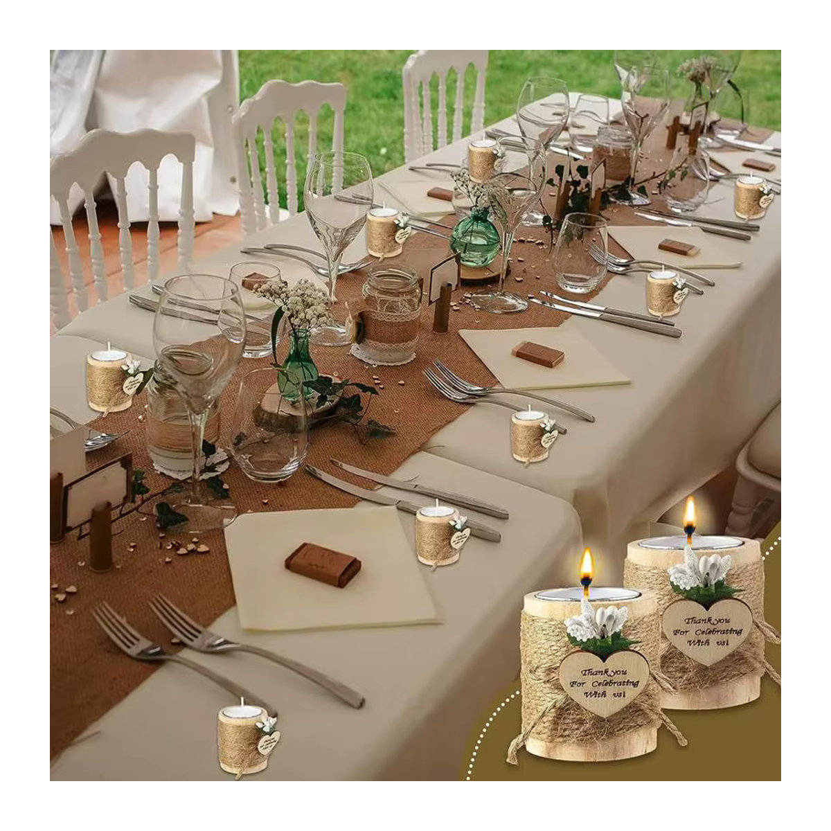 Set aus Holz-Teelichthaltern Thank You for Celebration With Us zur Tischdekoration für Hochzeiten, Geburtstage und Weihnachten - Bild 2