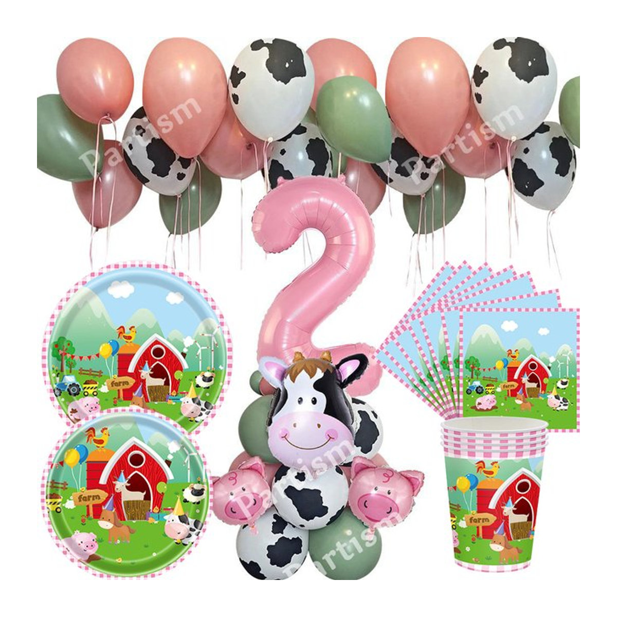 Set mit Bauernhof Tier Ballons und rosa Zahlenballon für Kinder Geburtstagsdekorationen in Rosa und Mehrfarbig - Bild 1