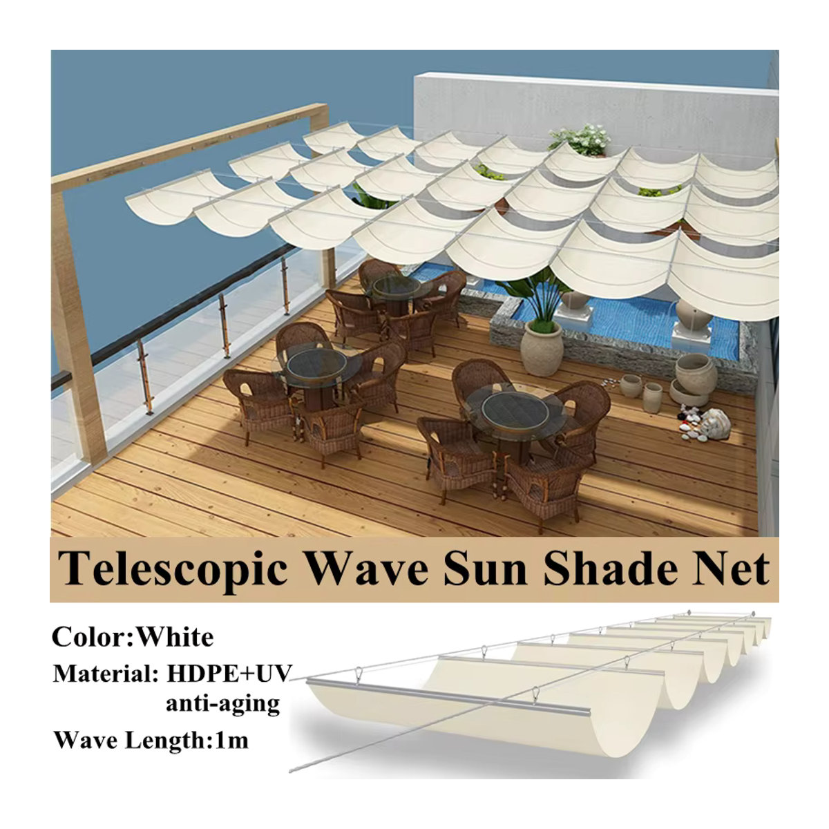 SgooHan Weißes Teleskop-Wellen-Sonnenschutznetz als Schattierungsnetz für Pavillons, Sonnensegel und Markisen im Außenbereich - Bild 2