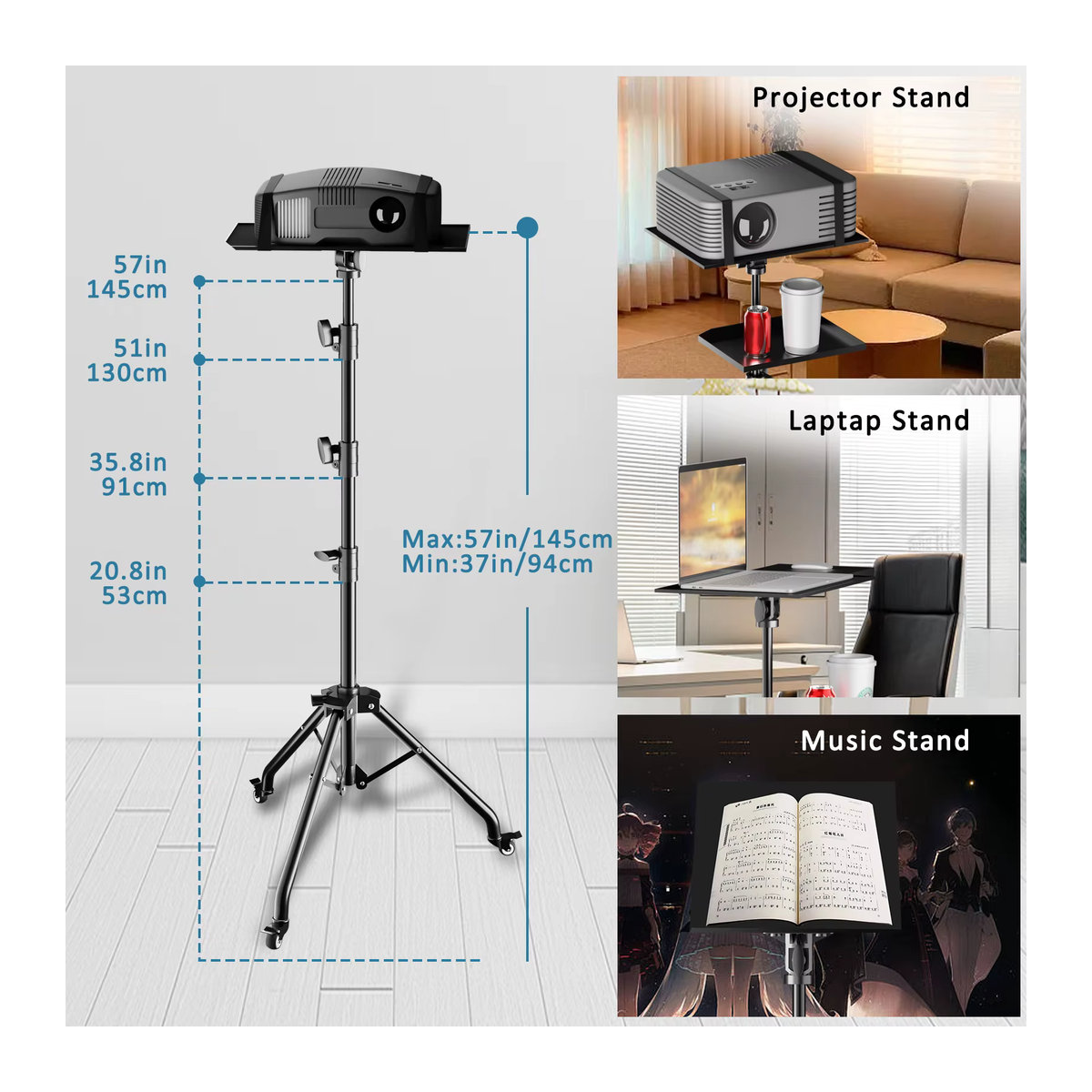 SH Projektor-Stativ und Laptop-Stativ höhenverstellbar für 23 bis 63 Zoll als Stehpult und Outdoor-Computertisch-Ständer aus Metall - Bild 2