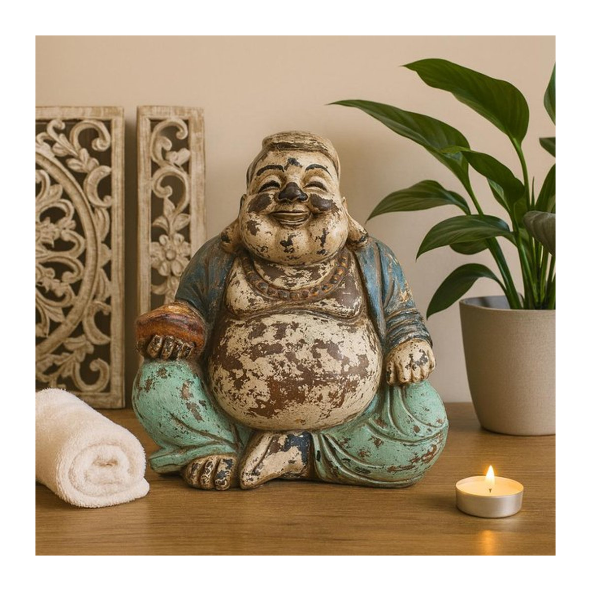SHAMTAM Buddha Statue Glücklicher Buddha aus Holz in Blaugrün, Höhe: 30 cm - Bild 1