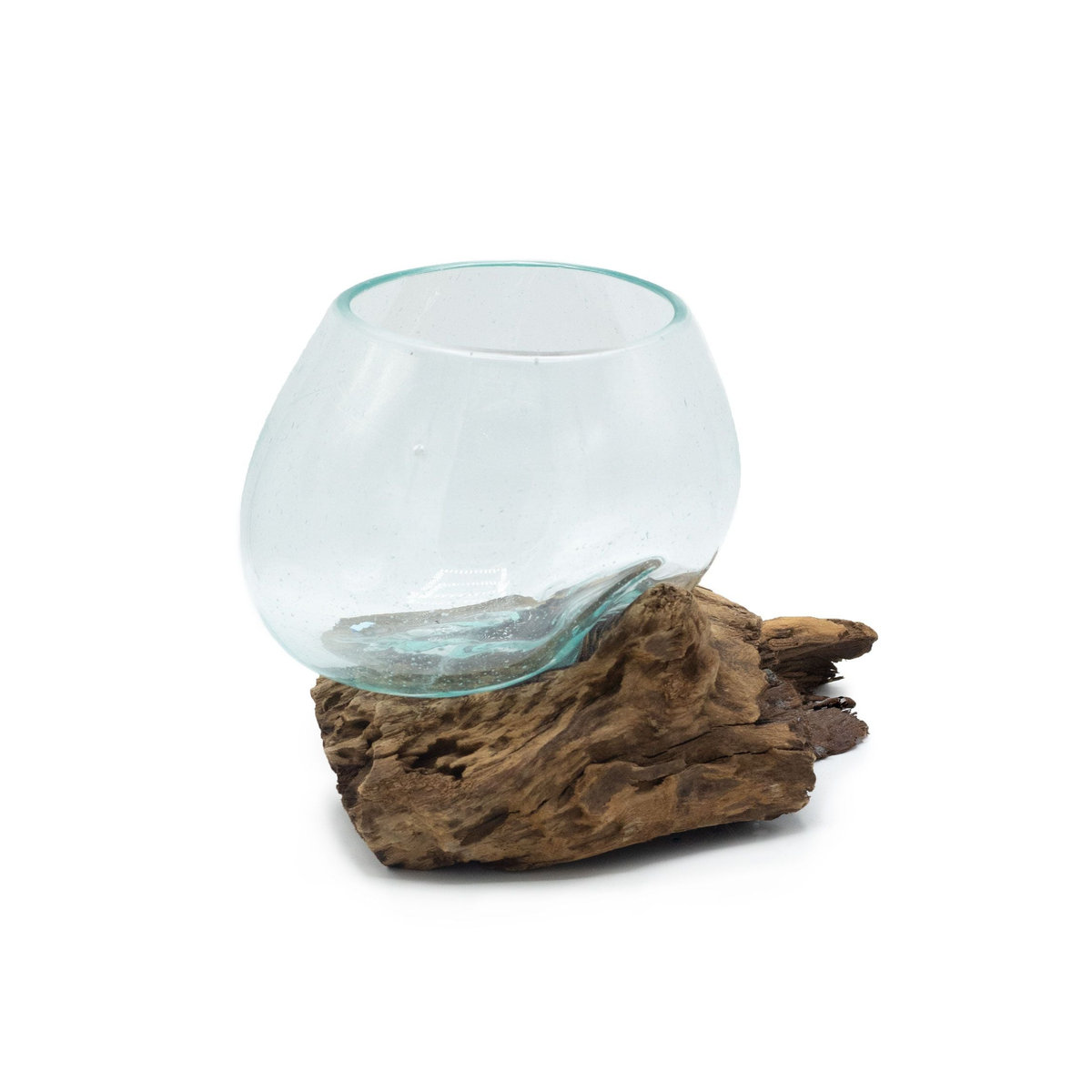 SHAMTAM Geschmolzene Glasschale auf Gamalholz-Sockel in Aquaton, balinesisches Design - Bild 1
