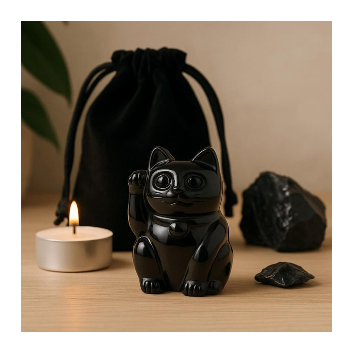 SHAMTAM Glückskatzenfigur aus schwarzem Obsidian, B/T/H: 5,0 x 3,5 x 2,5 cm - Bild 1