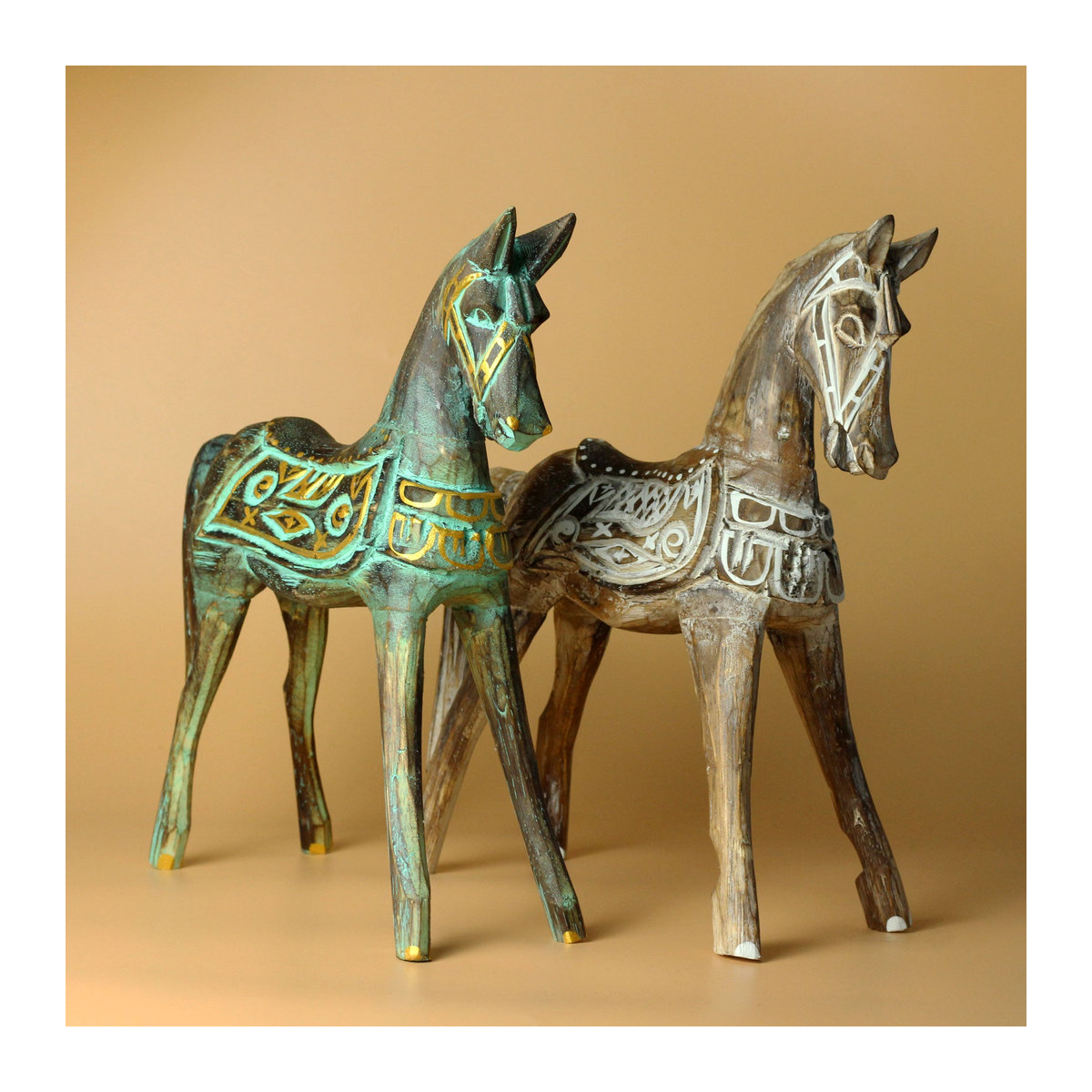 SHAMTAM Holzpferd Statue modern in Gold, Türkis und Braun, Höhe: 32 cm - Bild 2