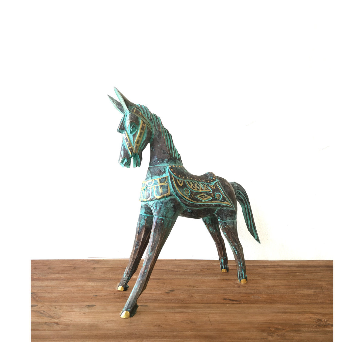 SHAMTAM Holzpferd Statue modern in Gold, Türkis und Braun, Höhe: 32 cm - Bild 3